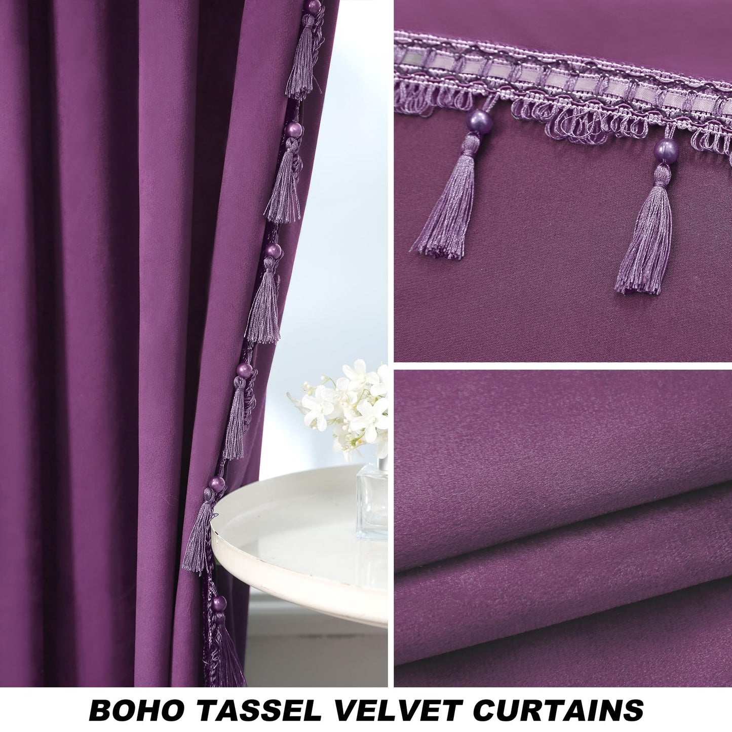 Fazhesici Purple Blackout Velvet Curtains 72 inch Length Windows Rod Pocket Drapes with Tassels Soundproof Thermal Curtains for Living Room 2 Panels Set 52" x 72"