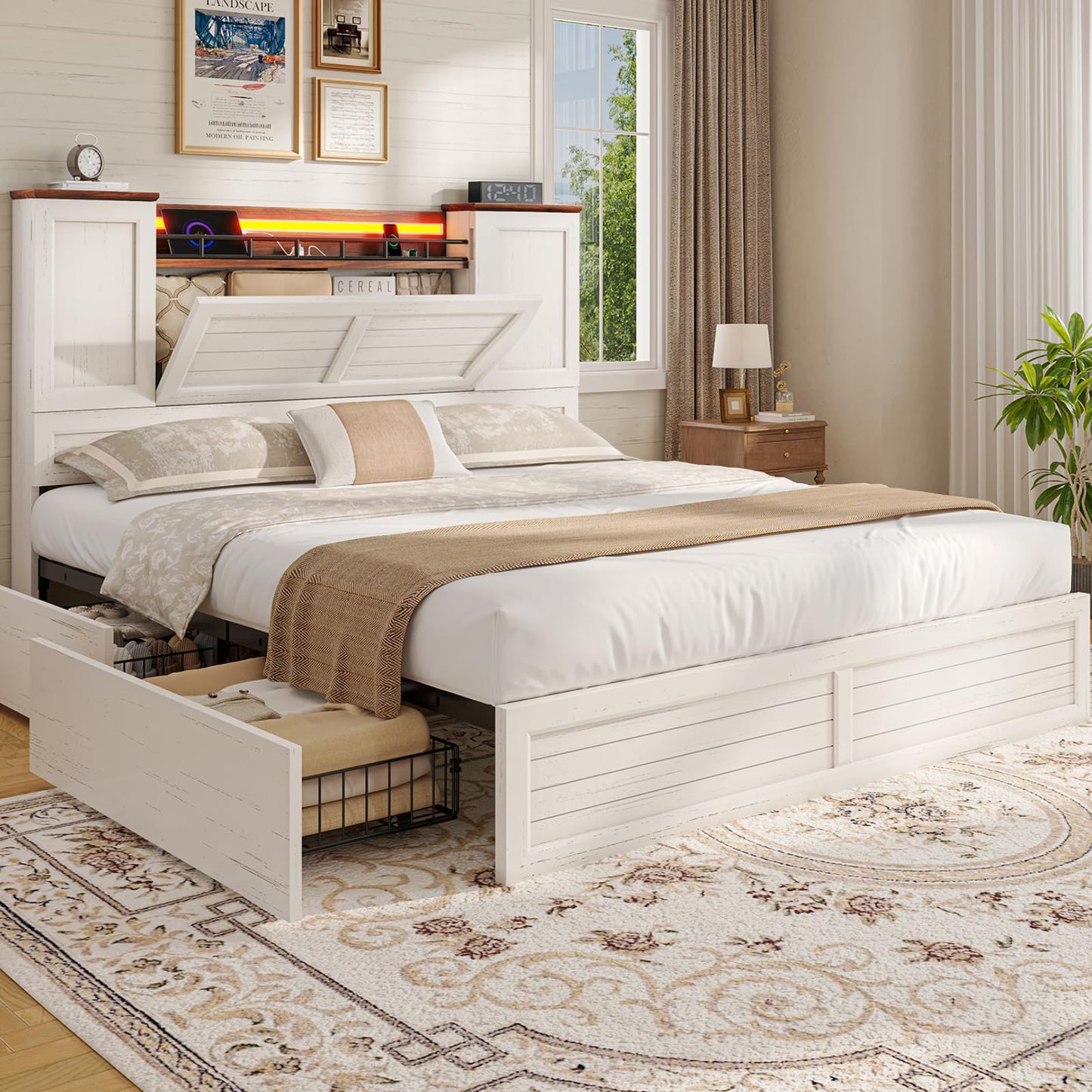 VIAGDO Full Bed Frame with Headboard and Storage Cabinets, Farmhouse Bed Frame Full Size with Charging Station and LED Lights, Wooden Platform Bed Frame with 4 Drawers, No Box Spring Needed, White