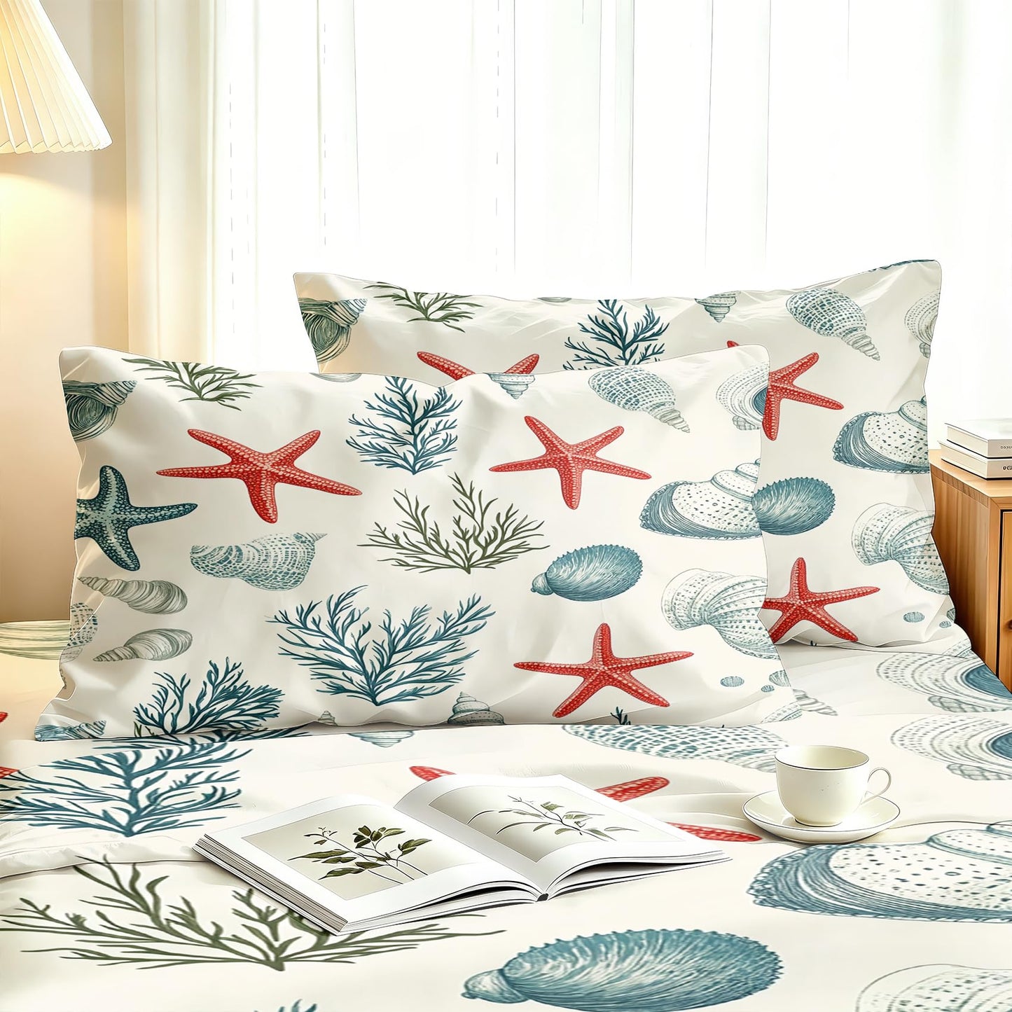 Coastal Queen Sheet Set 4 Pcs Marine Life Bed Sheets