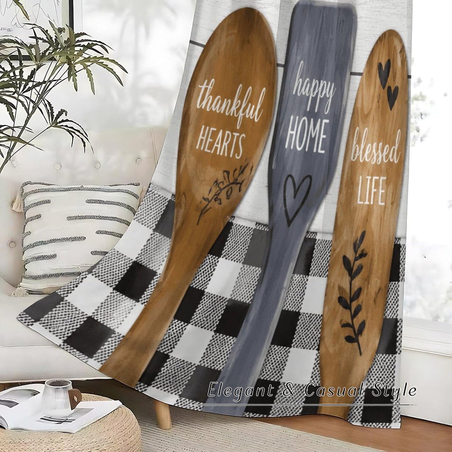 Tificats Farmhouse Kitchen Curtains,Rustic Brown Wooden Utensils Cafe Inspirational Quotes Buffalo Plaid Blackout Rod Pocket Window Treatment for Dining Room Cafe Bedroom21 W x 45" L (Pack of 2)