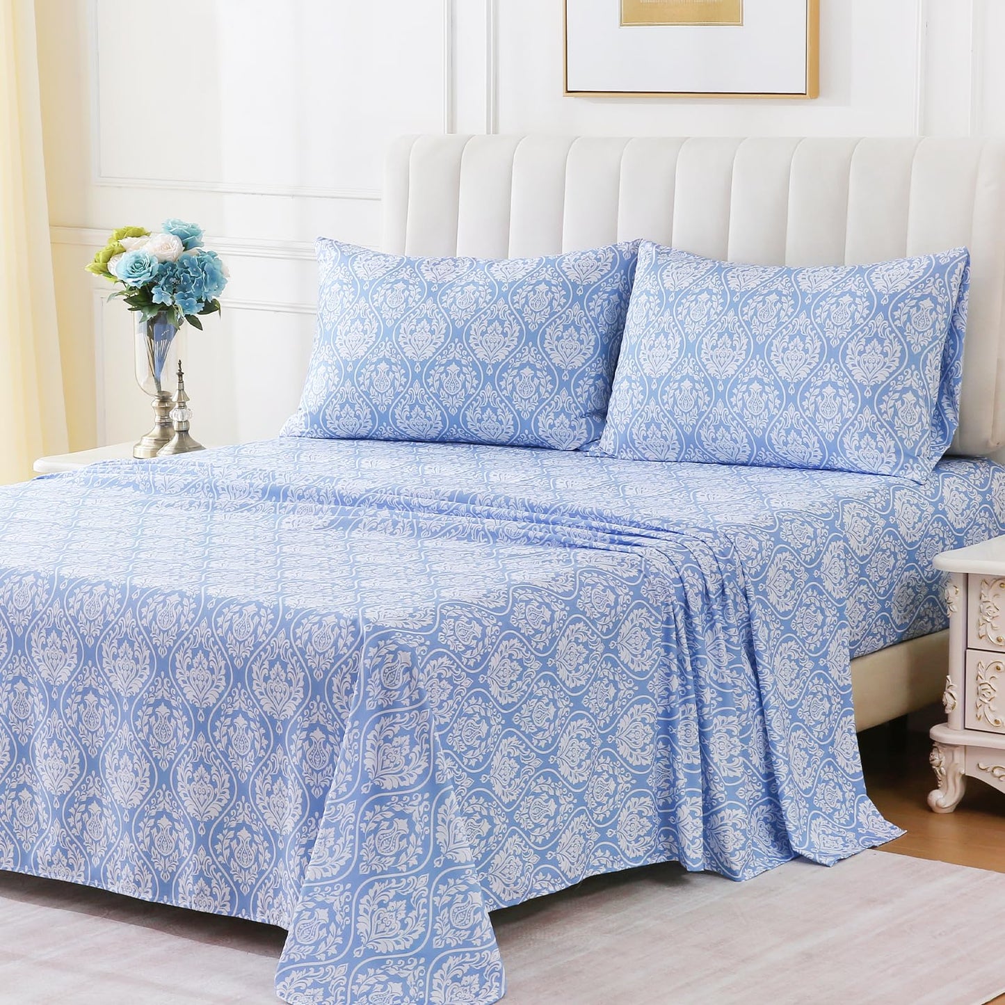 ChicView Queen Size Paisley Printed Sheet Set,4 Pieces Boho Style Breathable Soft Microfiber Bedsheets, Anti Pilling Deep Pockets Easy Care Bed Sheets, White Blue