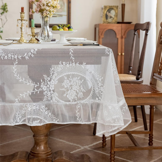HADEEONG Lace Tablecloth 60 x 102 Inch with Boho Embroidered Floral Design, Vintage Rustic Embroidered Table Cover for Weddings, Parties, Home Decor, and Outdoor Fall Event (White)