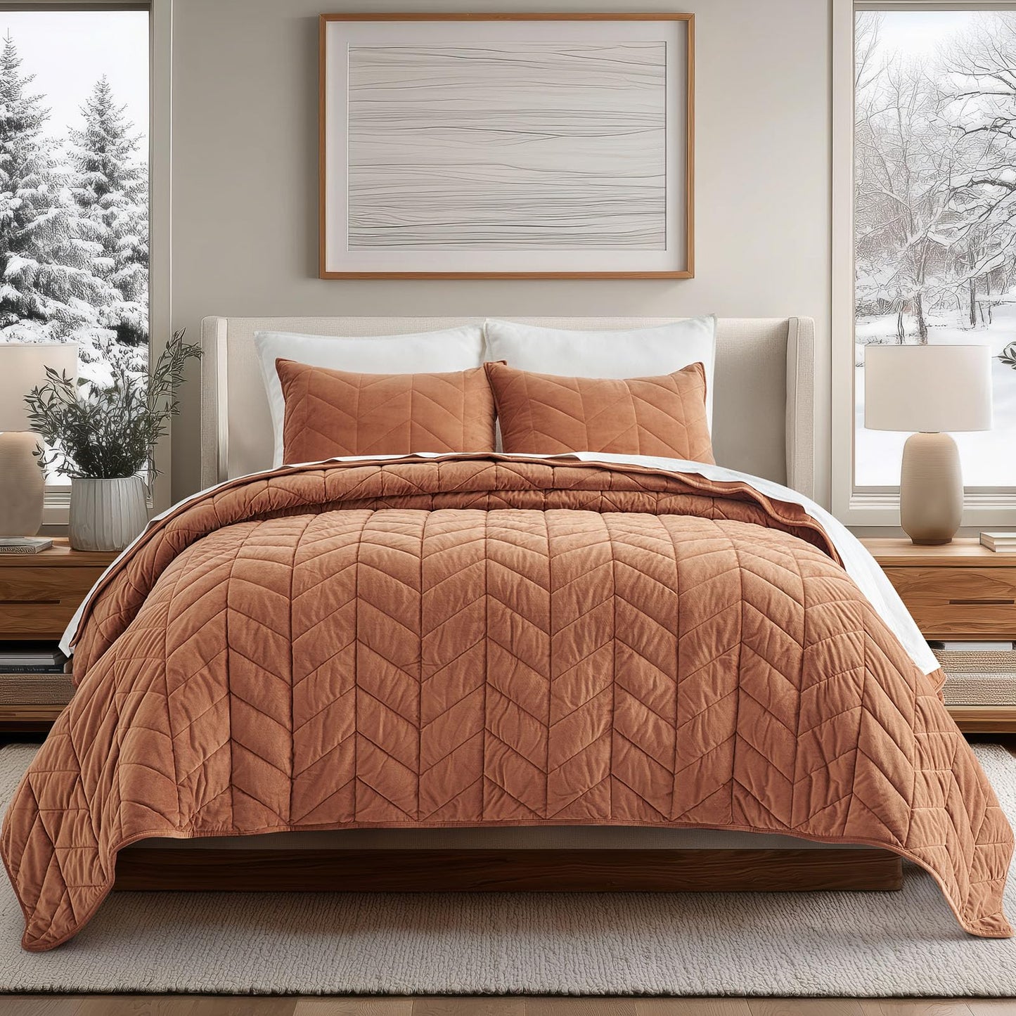 EVERGRACE 3 Pieces Luxurious Velvet King Quilts, Ultra Soft Lightweight Velvet Comforter Set, Matelasse Oversized Bedspread Coverlet for All Season with 2 Shams, Burnt Orange, 108"x96"