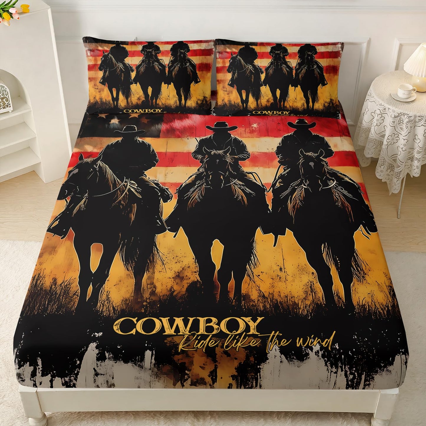 HOSIMA Cowboy Twin Fitted Sheet,Cowboys Riding Horses Print Western Bedding for Adults Teens Boys Room Decor,American Flag Background Pattern Country Bedding,1 Fitted Sheet+2 Pillowcases.