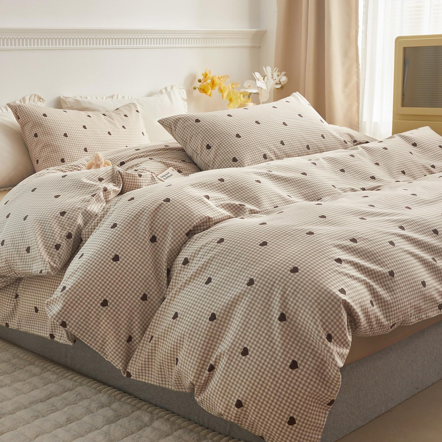 AMZTOP King Duvet Cover Set - Brown Plaid Gingham Comforter Cover with Zipper Closure - 3 Pieces, Includes 1 Duvet Cover& 2 Pillowcases, 100% Cotton King Size Bedding Sets for Teen Girls