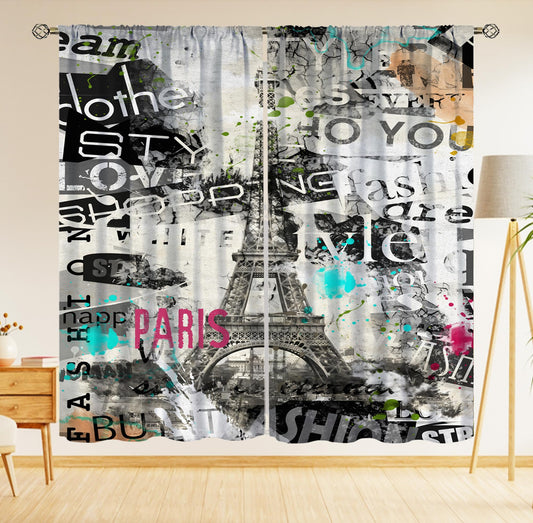 Paris Eiffel Tower Curtain,Retro Old Vintage Newspaper Graffiti Modern Window Curtains Cloth Farbic Dining Room Living Room Kitchen Cafe Bedroom Office Drapes Decor,42x45 in