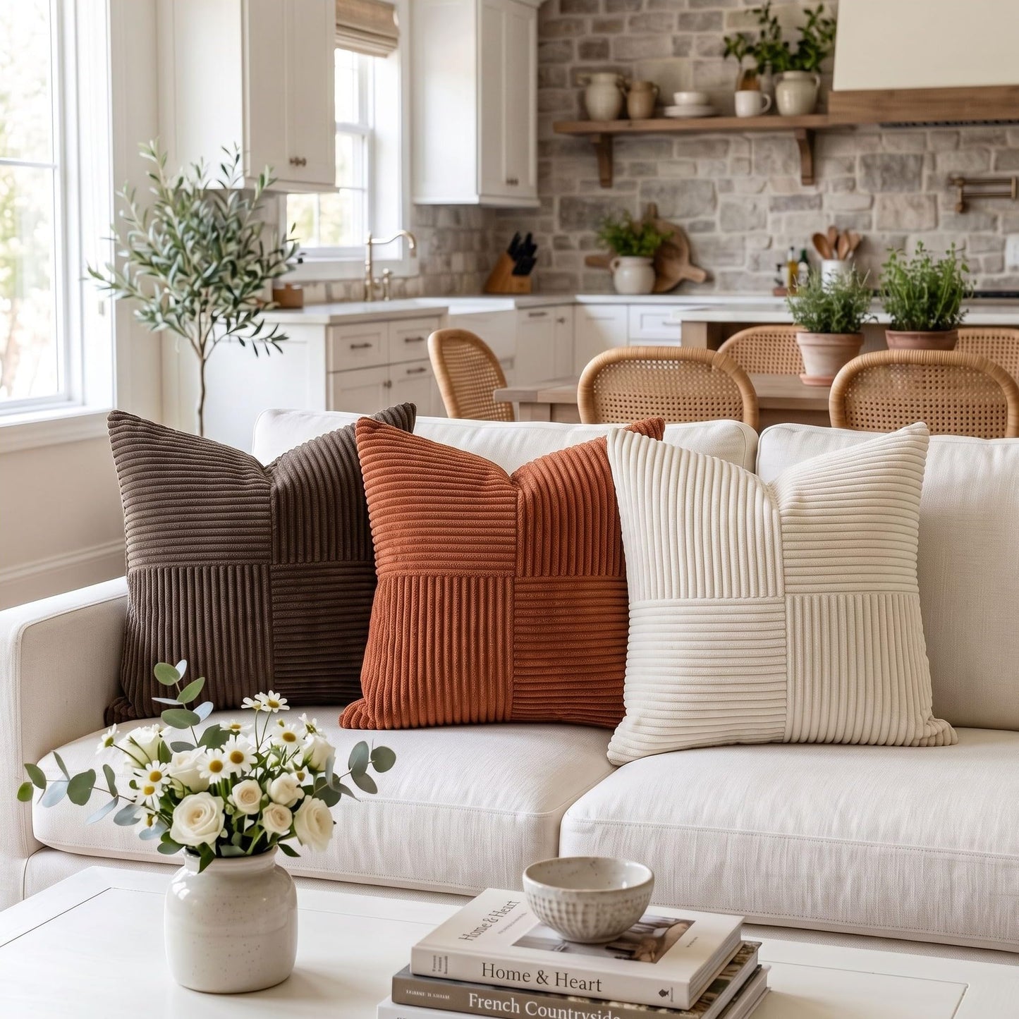 Fancy Homi 2 Packs Rust Boho Decorative Throw Pillow Covers 18x18 Inch for Couch Bed Sofa, Farmhouse Fall Home Decor, Soft Corss Corduroy Patchwork Textured Terracotta Accent Cushion Case 45x45 cm