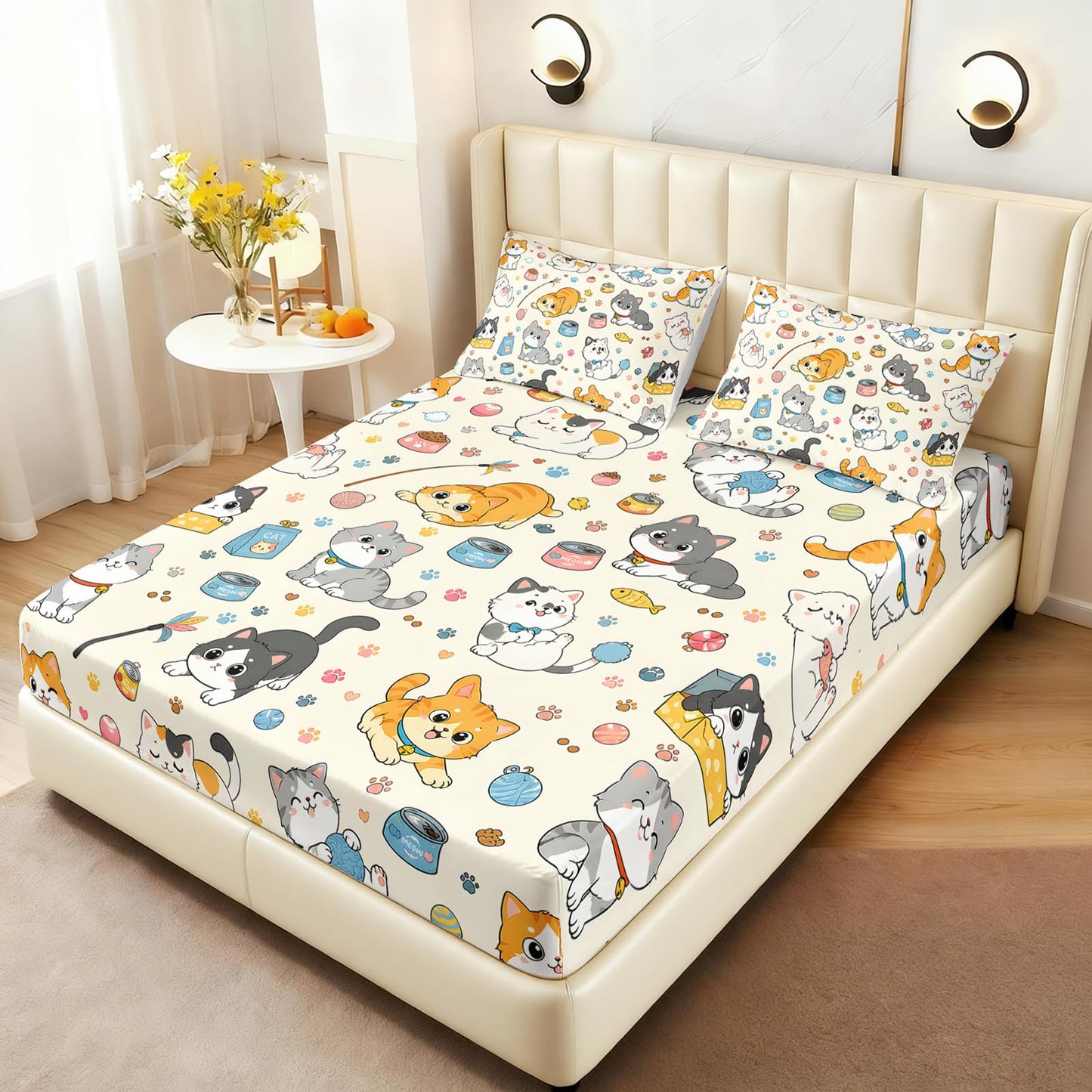 AILONEN Cute Cat Fitted Sheet Twin XL Size, Kitten Pet Animal Bedding, Cream Patterned Mattress Cover, Deep Pocket Microfiber 3 Piece Pillowcase Nursery Accessory Bottom Protector