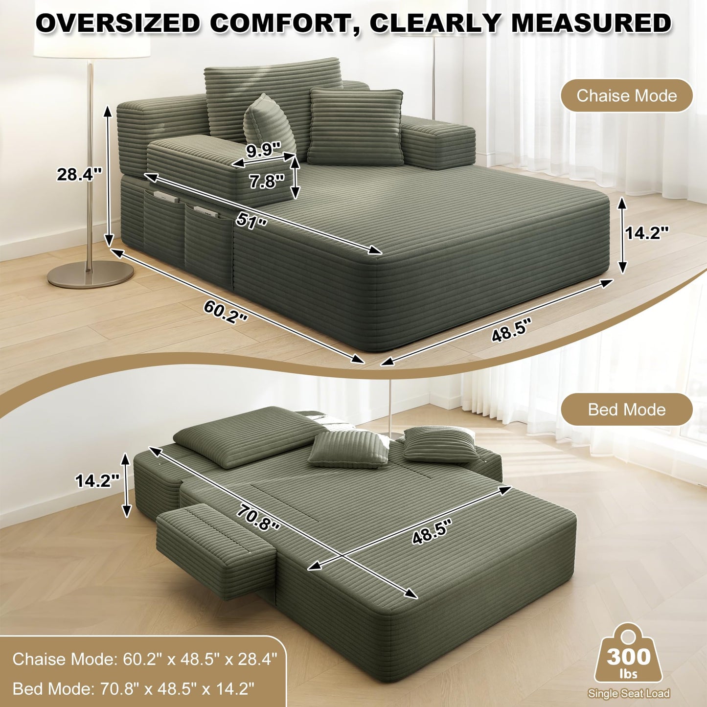 Haquiro 60.2" Oversized Chaise Lounge Chair, Boneless Corduroy Cloud Couch, Deep Seat Convertible Sofa Bed with 3 Pillows, Wide Armrests, Side Pocket, No Assembly (Green)