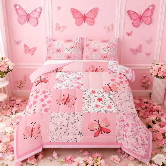Feelyou Girls Pink Butterfly Comforter Set Queen Size Patchwork Bedding Set for Kids Boys Girls Garden Floral Duvet Quilt Cute Flower Bedroom Decor Microfiber 3 Pcs with 2 Pillow Cases