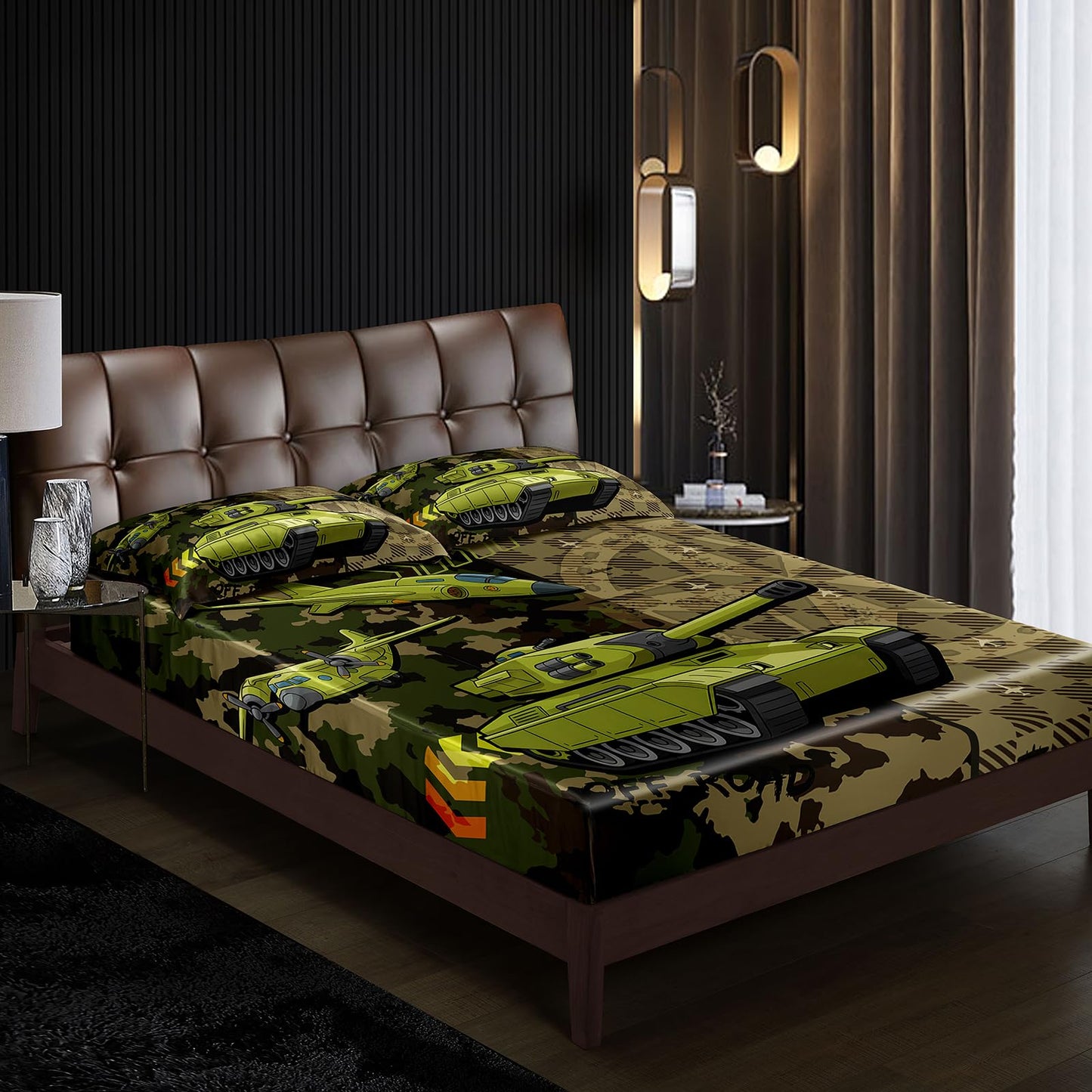 AILONEN Military Tank Camo Fitted Sheet Twin XL Size - 3 Piece Camouflage Army Green Bedding Deep Pocket & 2 Pillowcases - Boys Kids Sheets Room Decor