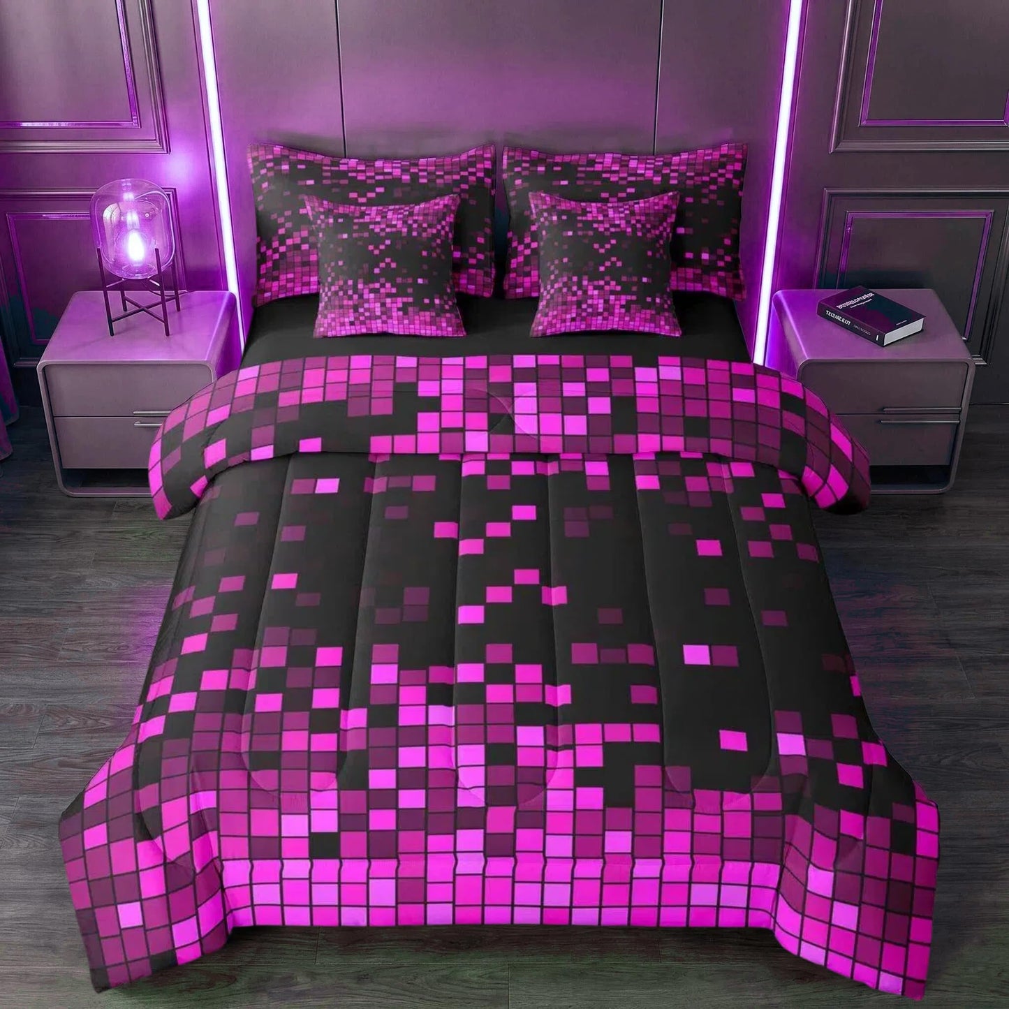 Feelyou Purple Black Retro Pixel Art Comforter Set with Sheets 7 Piece Twin Size Gaming Room Bed in a Bag Kids Boys Girls Retro Pixel Bedding Set Gamer Room Decor Bedroom Decor Microfiber