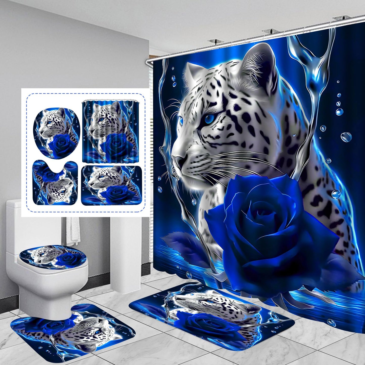 beifivcl 4PCS Blue Rose and Leopard Shower Curtain Bathroom Set with Non-Slip Rugs, Toilet Lid Cover and Bath Mat, Blue Bathroom Decor Set Accessories Shower Curtains with 12 Hooks, 72 x 72 Inch