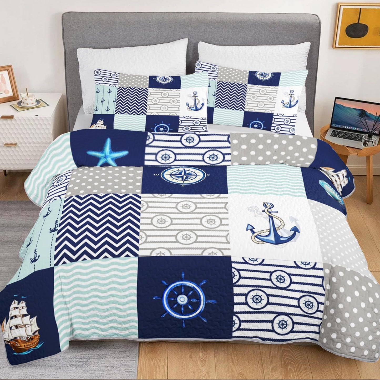 HOSIMA Nautical Quilts Queen Size,Plaid Patchwork Ocean Themed Bedding Sailboat and Anchor Print Coastal Bedding for Bedroom Nautical Decor,Navy Blue with 2 Pillowcases.
