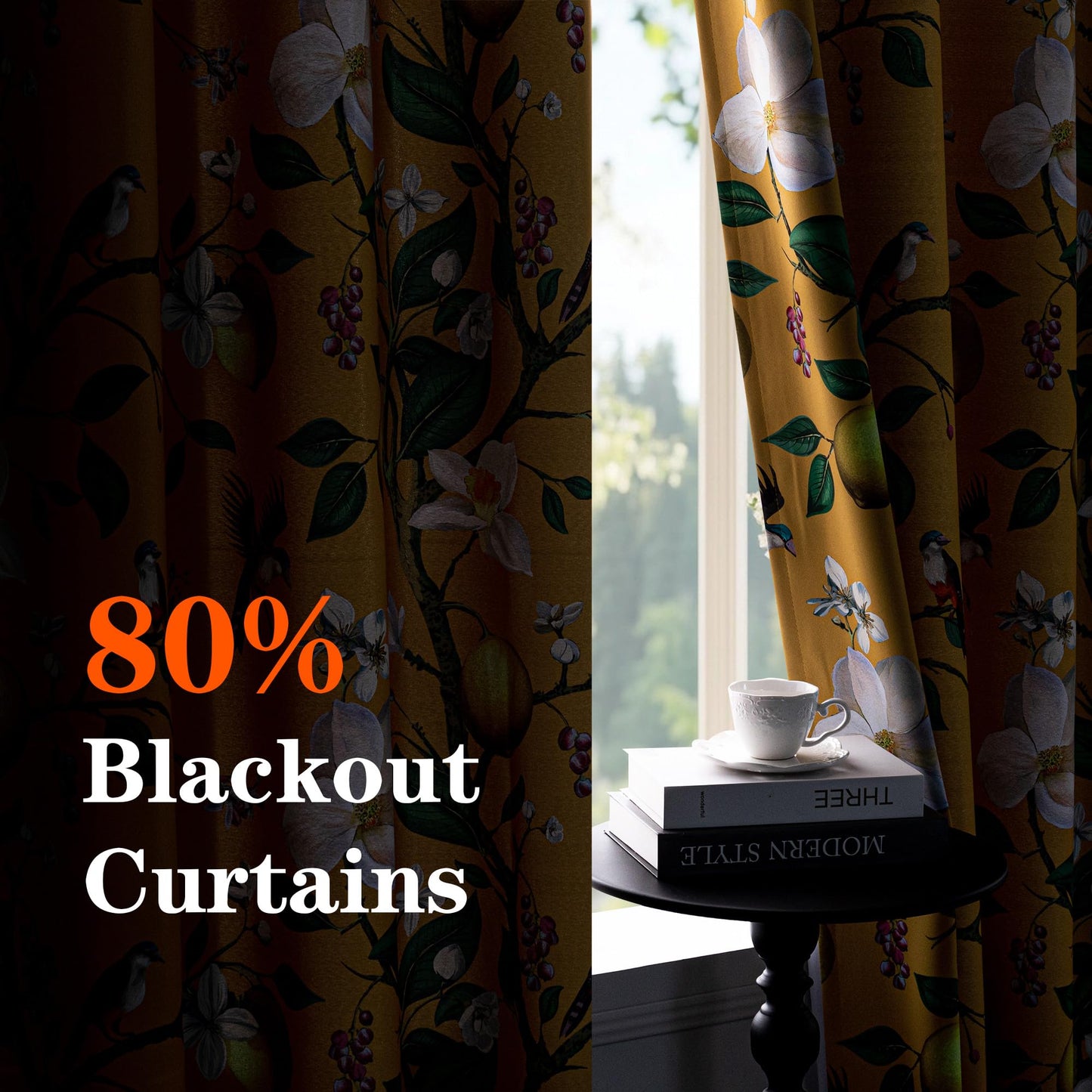 MYSKY HOME Yellow Floral Blackout Curtains 84 inch Long for Living Room Vintage Mid Century Style Lemon Hummingbird Patterned Room Darkening Privacy Drapes Grommet Bedroom Dining Room, 2 Pcs, 52"Wide