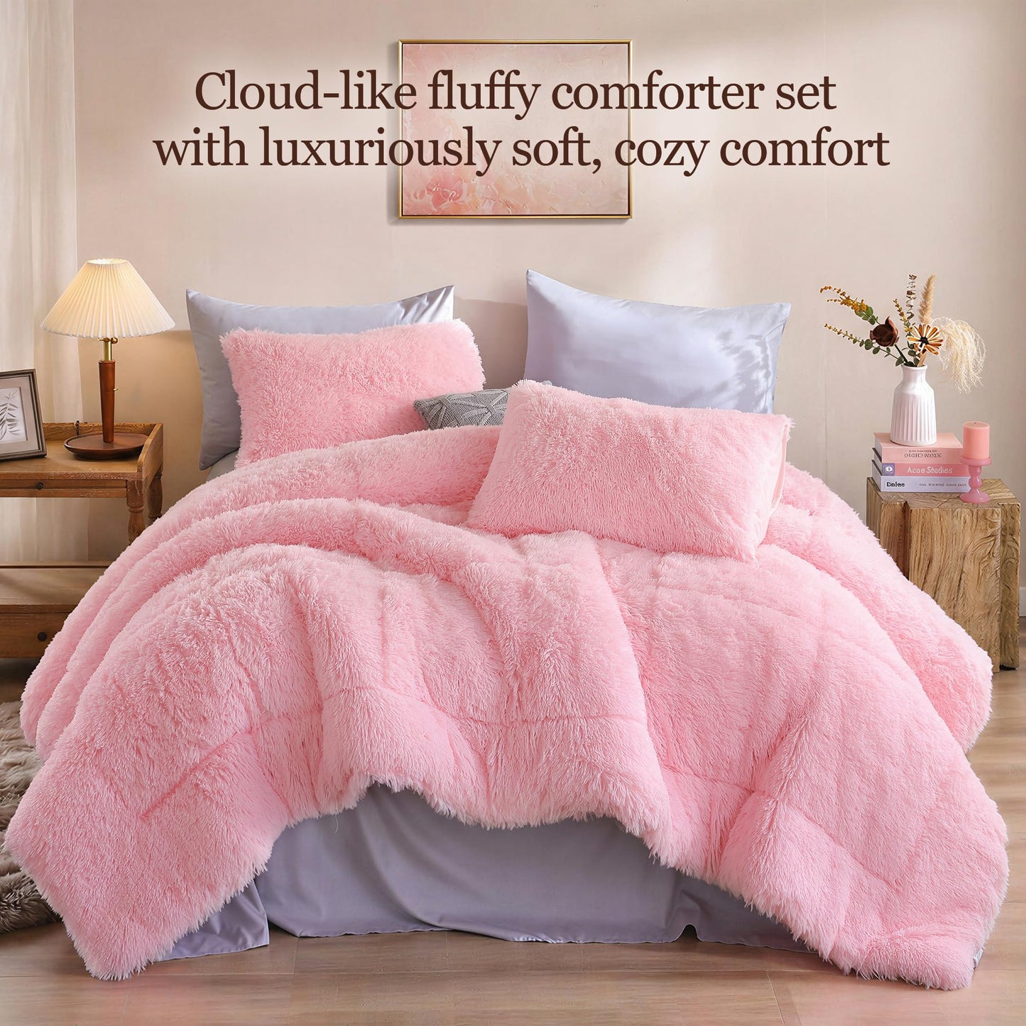 Smoofy Fluffy Queen Comforter Set, Faux Fur Pink Comforter Set Queen Size, Luxury Fuzzy Bedding Set, Soft Shaggy Bed Set Pink for All Season, 3 Pieces - 1 Comforter & 2 Pillowcases