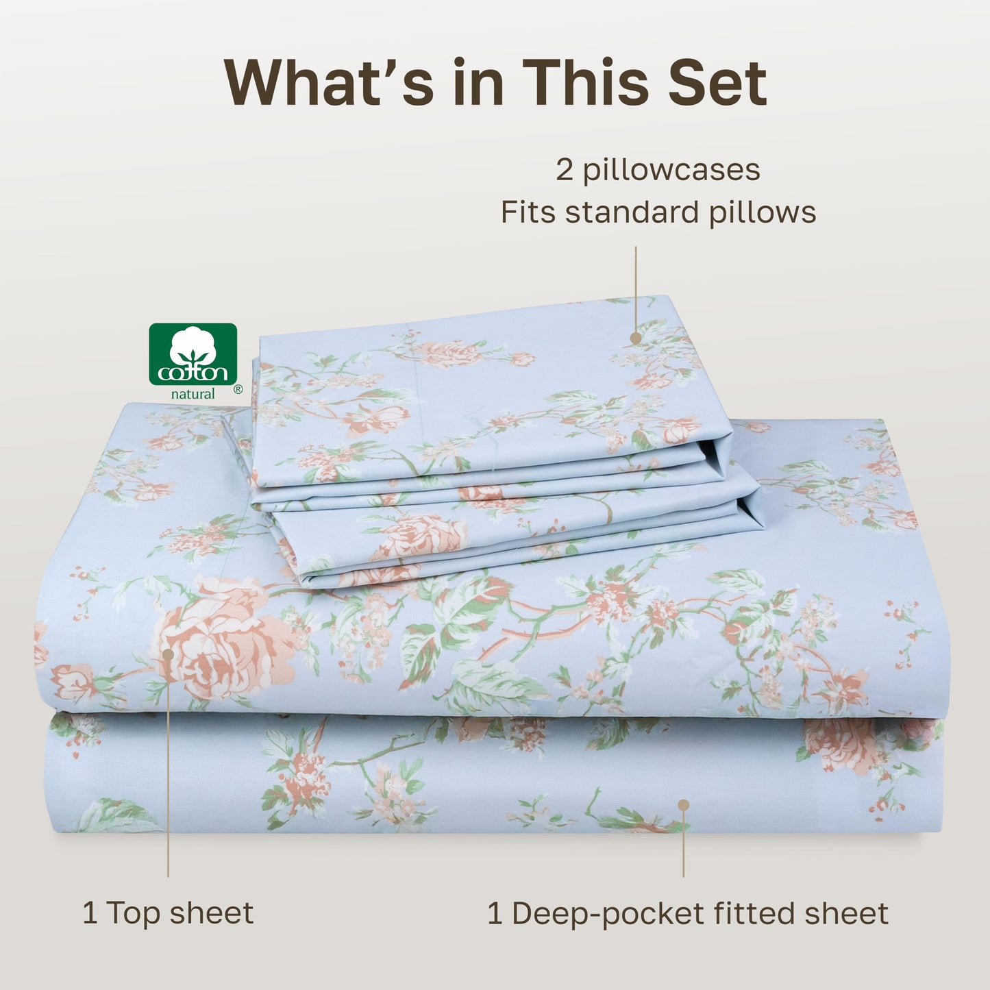 California Design Den Soft Cotton Bed Sheets Queen Size Set, 400 TC Good Housekeeping Award Winner, Smooth Sateen Finish with Deep Pockets, Cozy and Durable Queen Bedding Set - Floral Blue/Pink