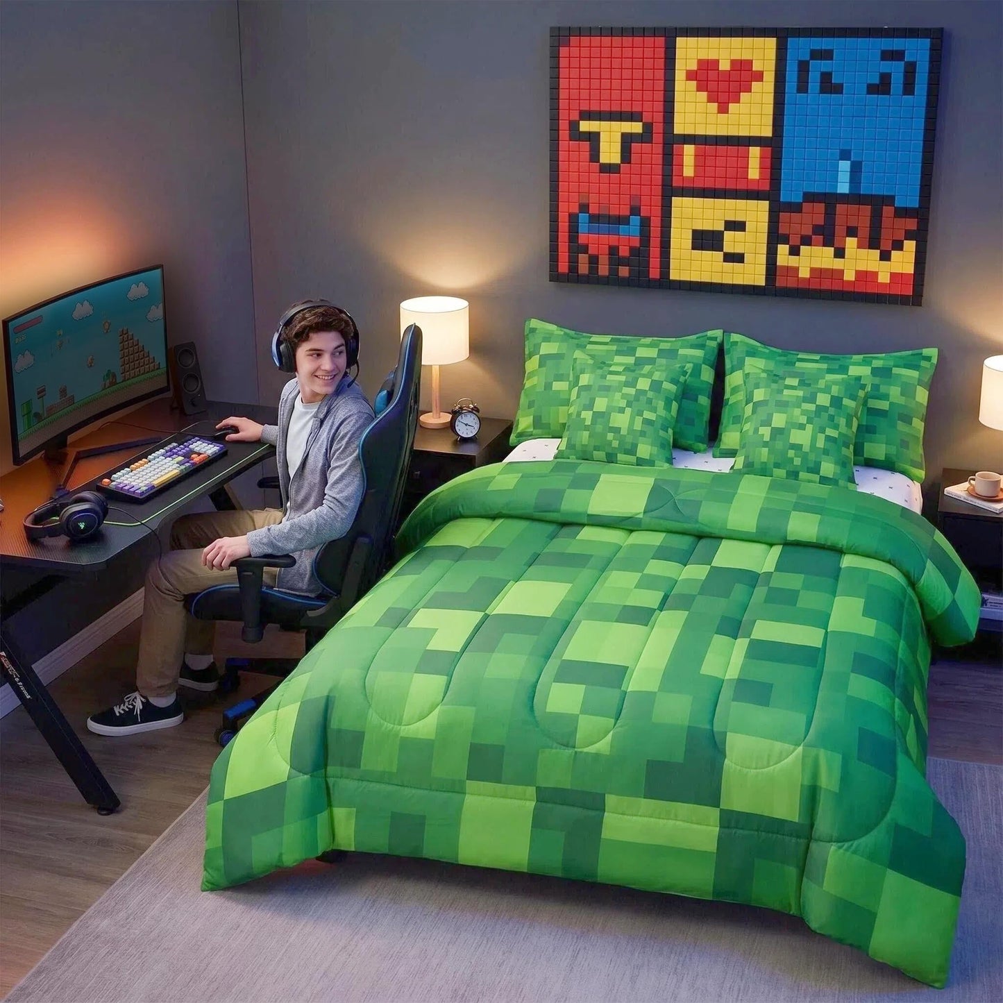 Feelyou Pixel Theme Twin Comforter Set with Sheets for Kids Boys Girls Geometric Square 7 Pieces Bedding Set Gamer Bed in a Bag Mosaic Room Decor Green Soft Lightweight Microfiber