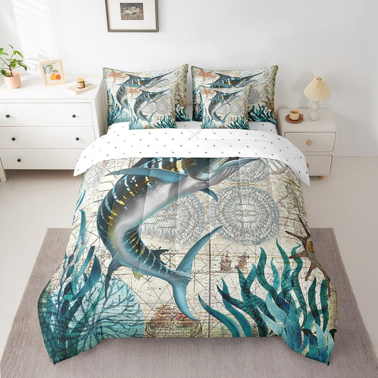 Erosebridal Marlin Swordfish 7 Piece Comforter Set Full Bed in a Bag,Nautical Vintage Marine Life Bedding Sets Tropical Ocean Decor Sheet Set with Comforter