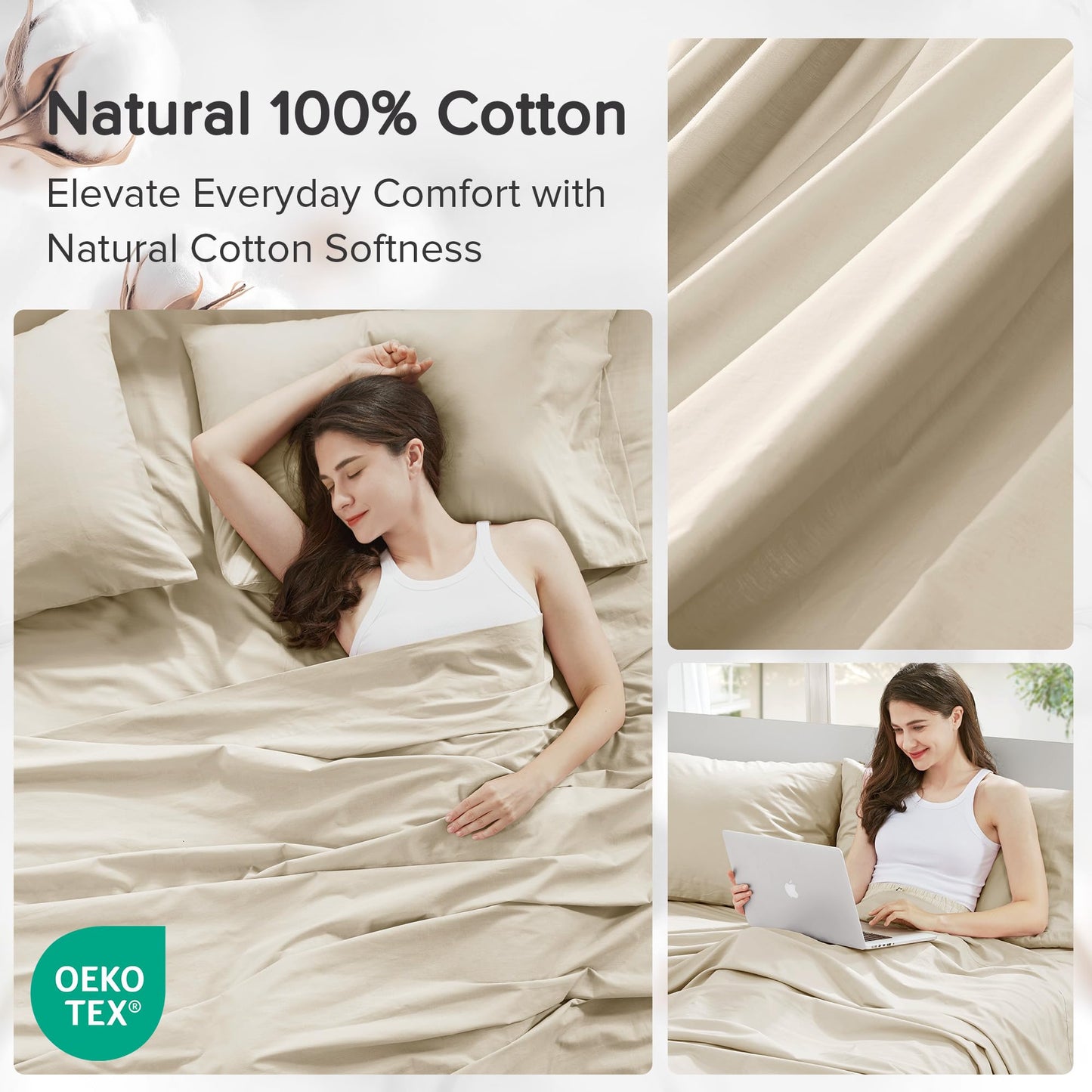 Comfort Spaces 100% Cotton Sheets Cal King, Breathable & Soft Cotton Sheets, Naturally Cool Cotton Bed Sheets with 14" Elastic Pocket Fits up to 16" Mattress, All Seasons Sheet Set, Cream 4 Piece