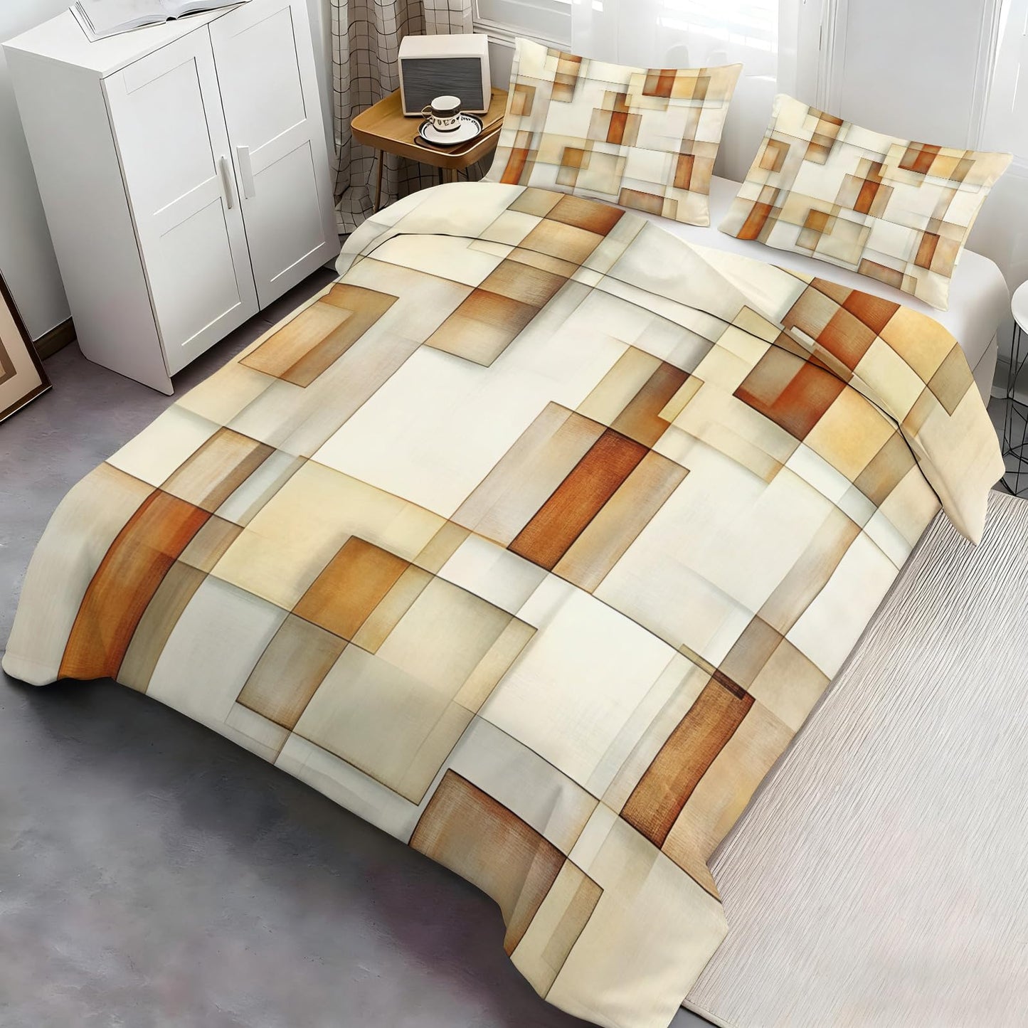GKPLY Geometric Bedding Sets King, Abstract Squares Duvet Cover & Bedroom Decor, Modern Minimalist Comforter, Zipper Closure, 2 Pillow Cases, Earth Tone Reversible Print Bedding Duvet Cover Set