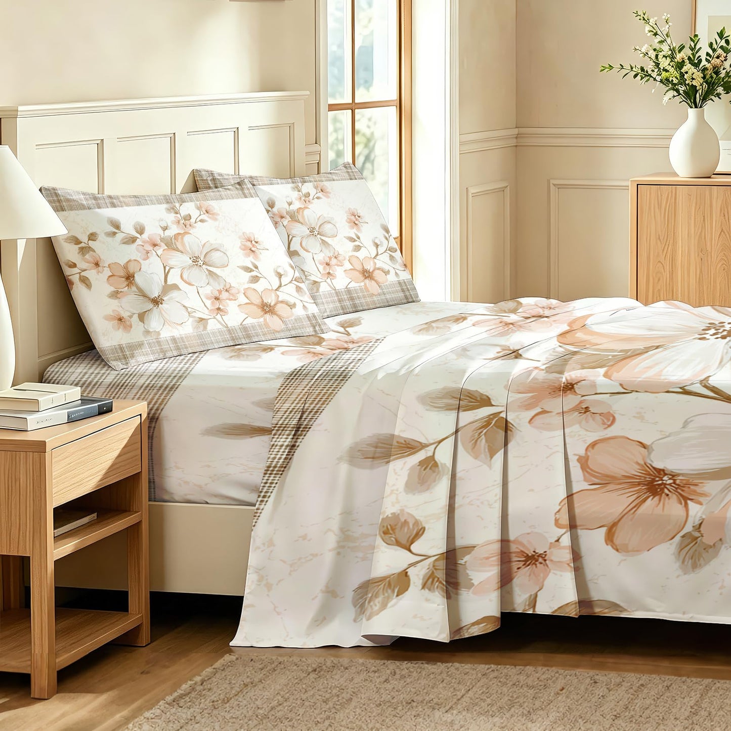 Plaid and Floral Full Sheet Set Farmhouse Flat Fitted Sheet Sets