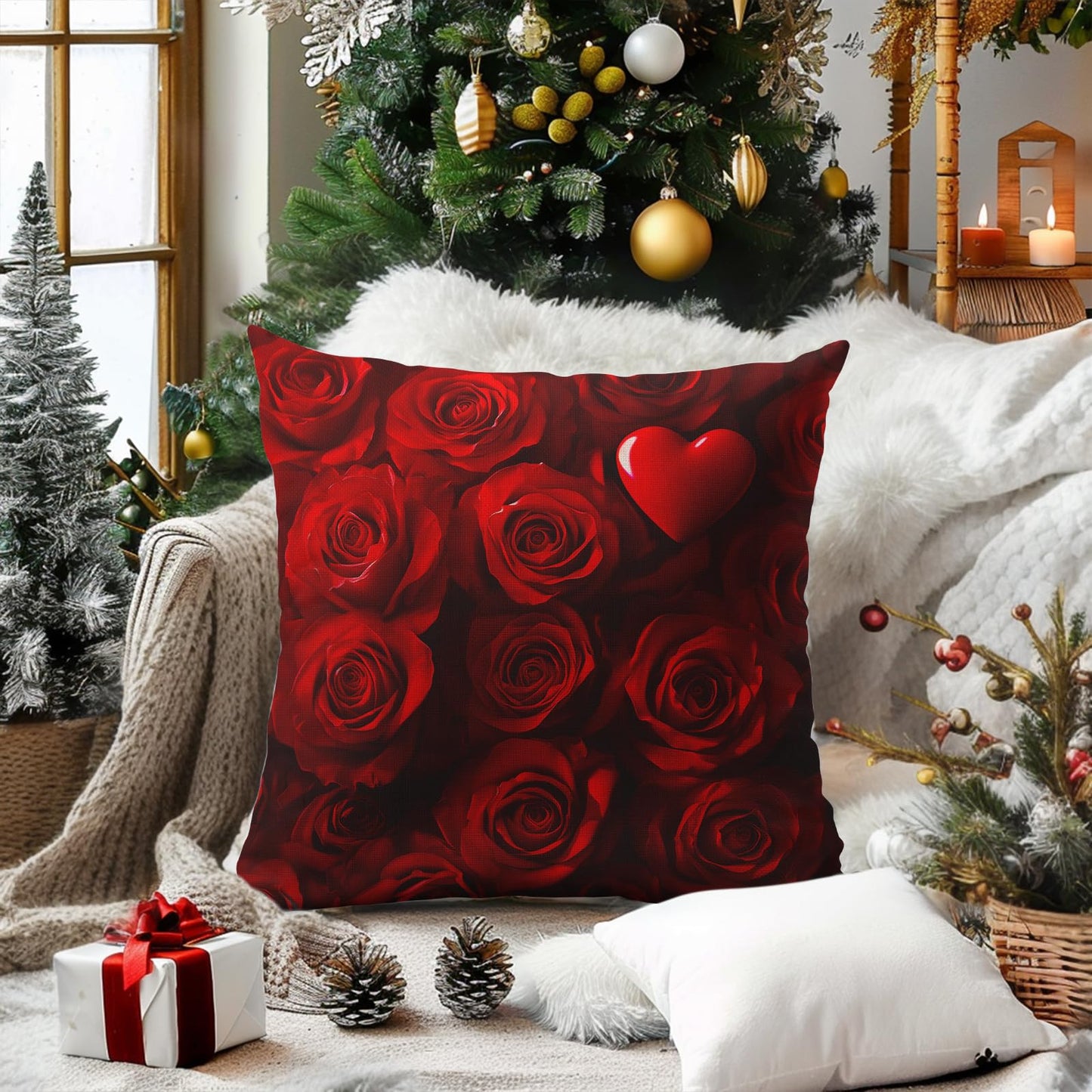 Valentines Day Pillow Covers 18X18 Inch Red Heart Rose Floral Decorative Pillow Cases Wedding Mother's Day Anniversary Cotton Linen Throw Pillows Set of 2 Home Decor For Sofa Couch Bedroom Outdoor