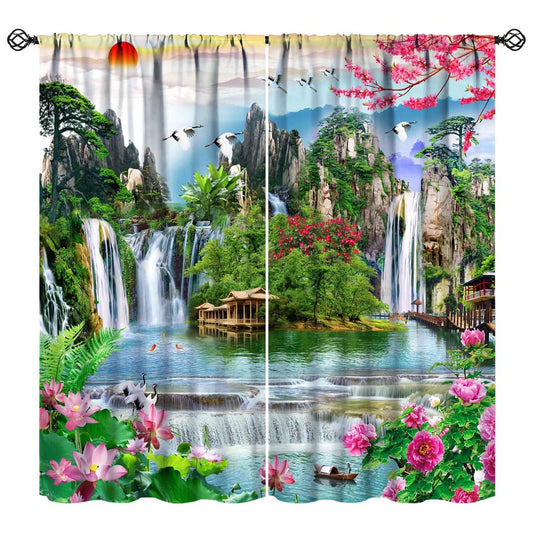 Forest Waterfall Curtains Spring Summer Jungle Scenery Art Printed Blackout Window Drapes for Bedroom Living Room Decor Fabric Set 2 Panel 42x45 Inch 80% Shading Rate