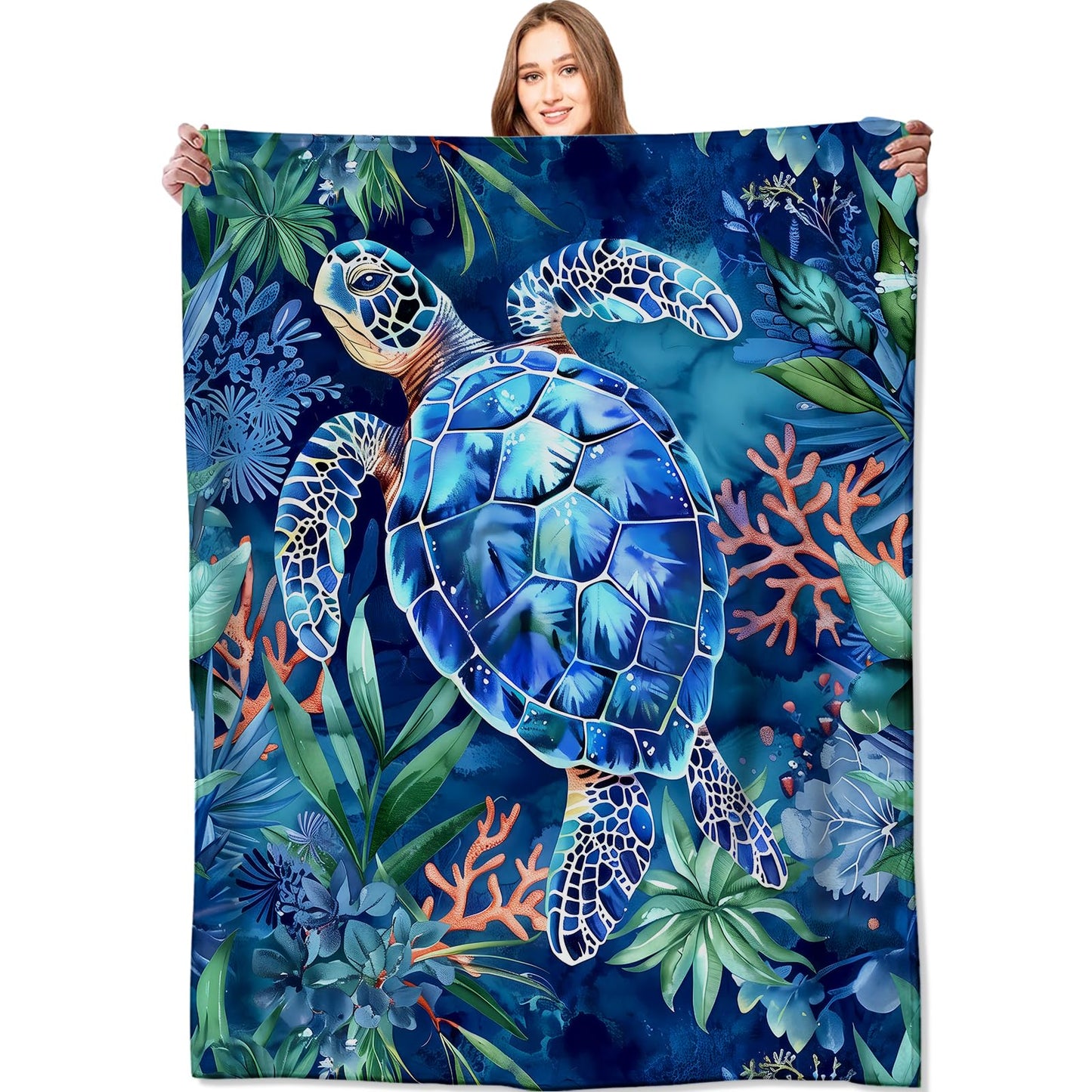 VODRM Sea Turtle Blanket Underwater Coral Reef Blue Throw Blankets,Birthday Gifts for Kids Adult & Ocean Lovers,Lightweight Soft Fleece with Marine Life,for Sofa Couch Bed Room Decor 50x60in