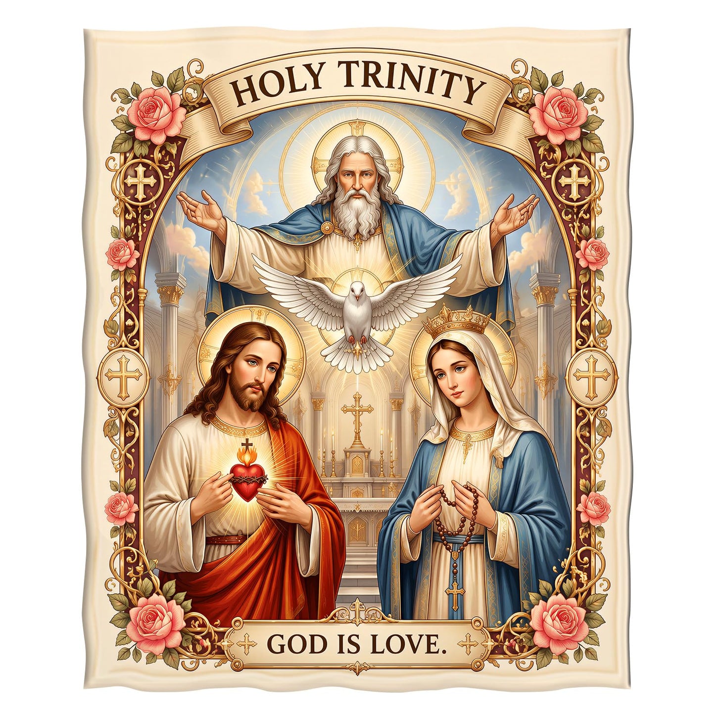 Levens Christian Holy Trinity Flannel Throw Blanket 50x60 | Sacred Heart Jesus Mary Religious Blanket for Christian Gift, Chapel, Prayer Room, Meditative Devotional Decor, Spiritual Blessing Gift