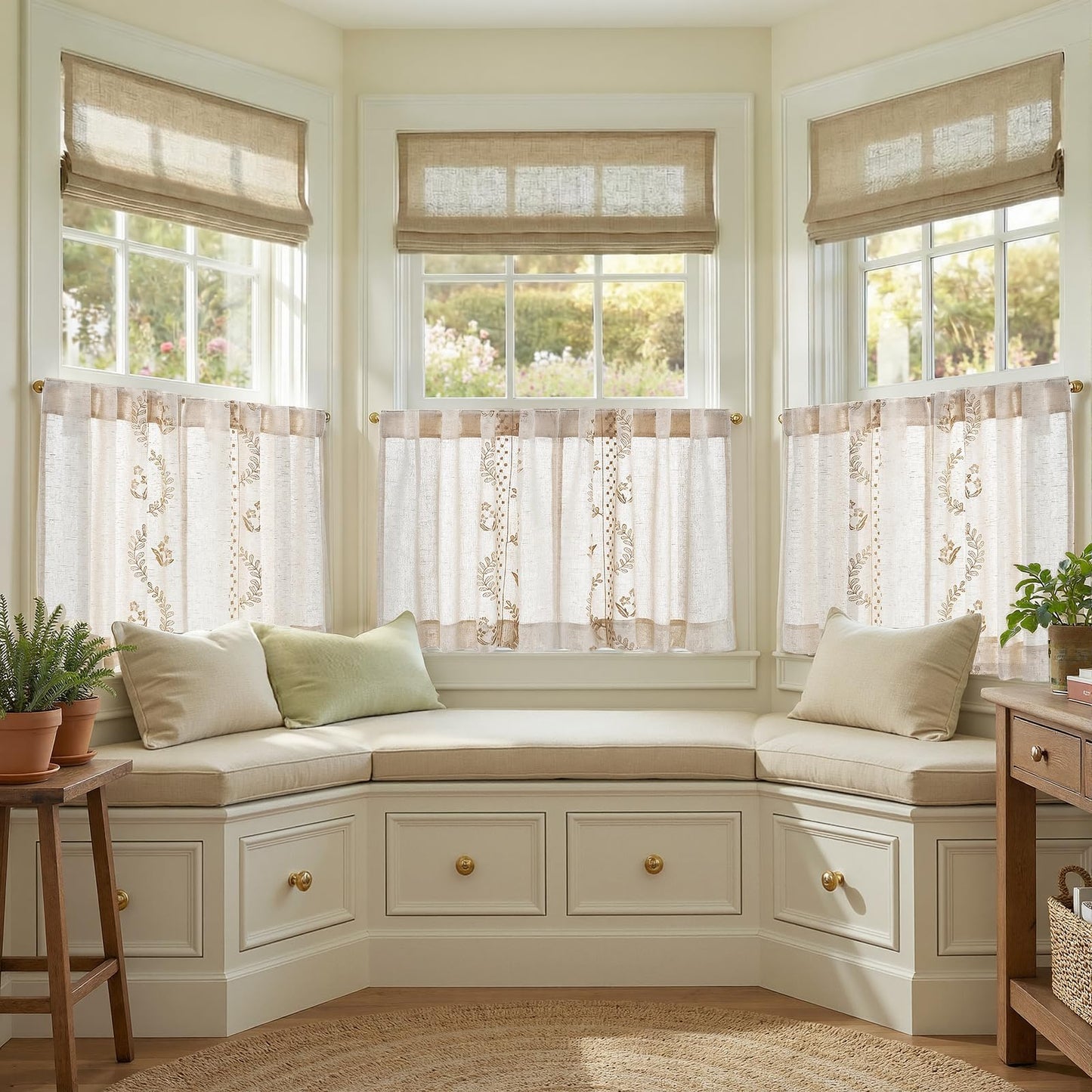 jinchan Belrose Linen Floral Kitchen Curtains 24 inch Length Embroidered Farmhouse Cafe Curtains for Living Room Bathroom Small Windows Curtain Set Sheer Light Filtering 2 Panels Beige