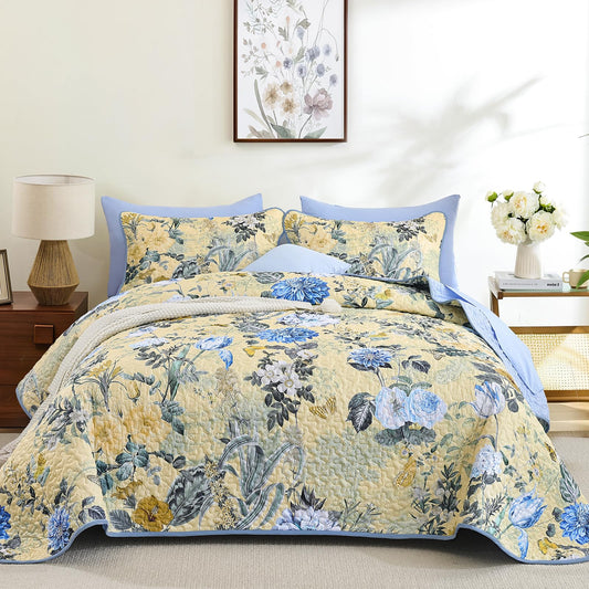 Anibedding 3 Pieces Quilt Set Queen Size, Colorful Floral Reversible Bedspread Coverlet Set, Soft Microfiber Lightweight Bed Cover for All Season (96"x90", 1 Quilt+ 2 Pillow Shams)