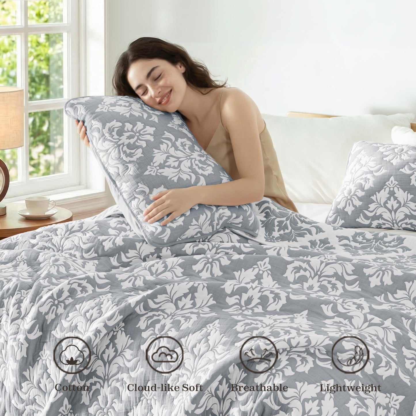 Exclusivo Mezcla Cotton Quilts King Size Grey, Soft Lightweight Bedspread Breathable Prewashed Bed Coverlet with 2 Pillow Shams, Boho Pattern Yarn Dyed Muslin Quilt Bedding Set for All Seasons