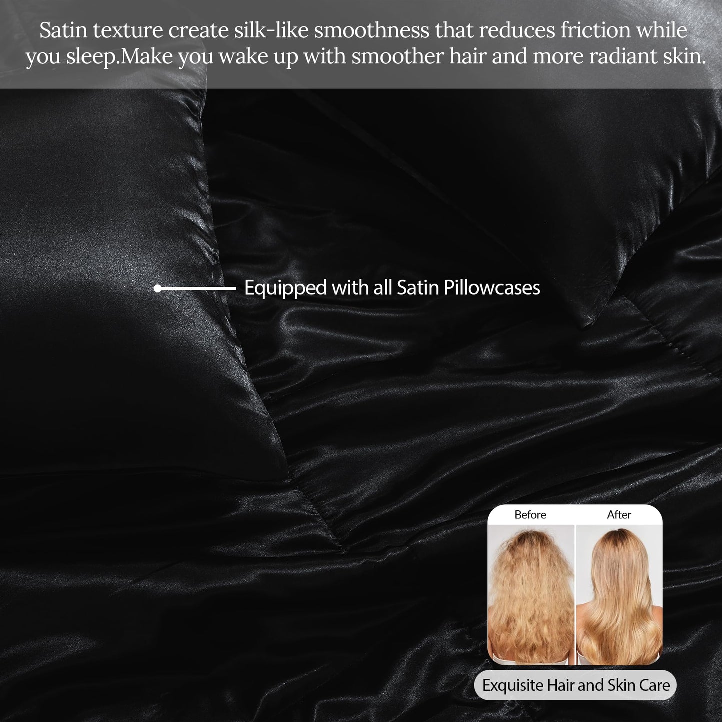 Whale Flotilla 3-Piece Reversible Silky Soft Queen Comforter Bedding Set, Luxurious Satin Comforters Full Size with 2 Satin Pillowcases, Lightweight Duvet for All Seasons, Black