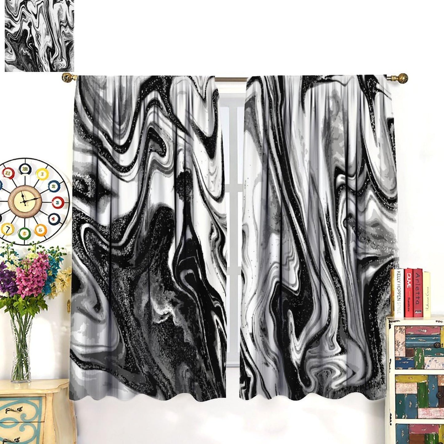 Kurtect Marble Blackout Curtain,Black and White Abstract Aesthetic Print Watercolor Window Curtains for Bedroom Cafe Dining Room Office Living Room Kitchen Drapes,42x45 in