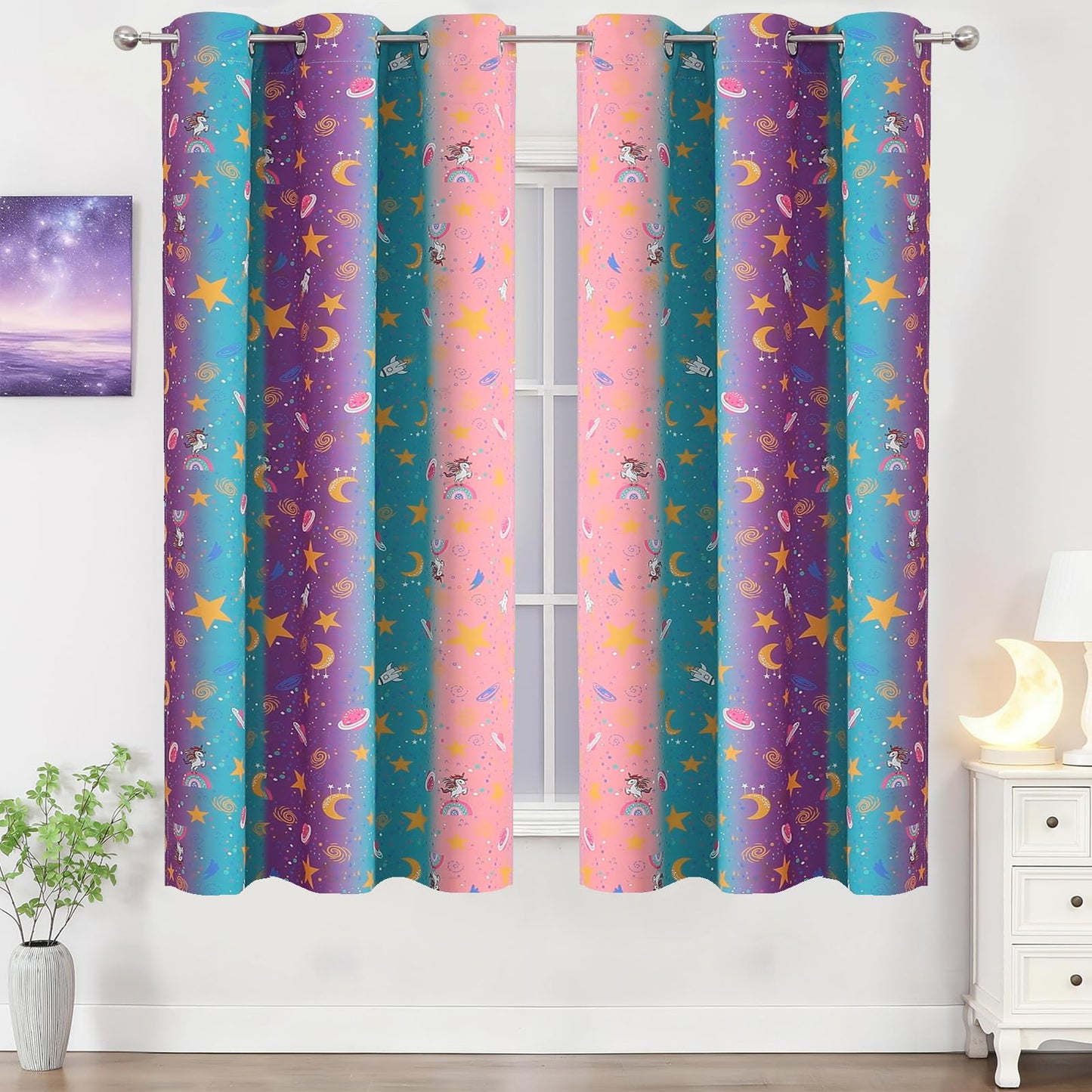 Estelar Textiler Unicorn Rainbow Galaxy Printed Ombre Pink Purple Teal Blackout Curtains for Kids & Girls Room,Thermal Insulated Room Darkening Grommet Drapes with Star & Moon Pattern,38Wx63L,2 Panels