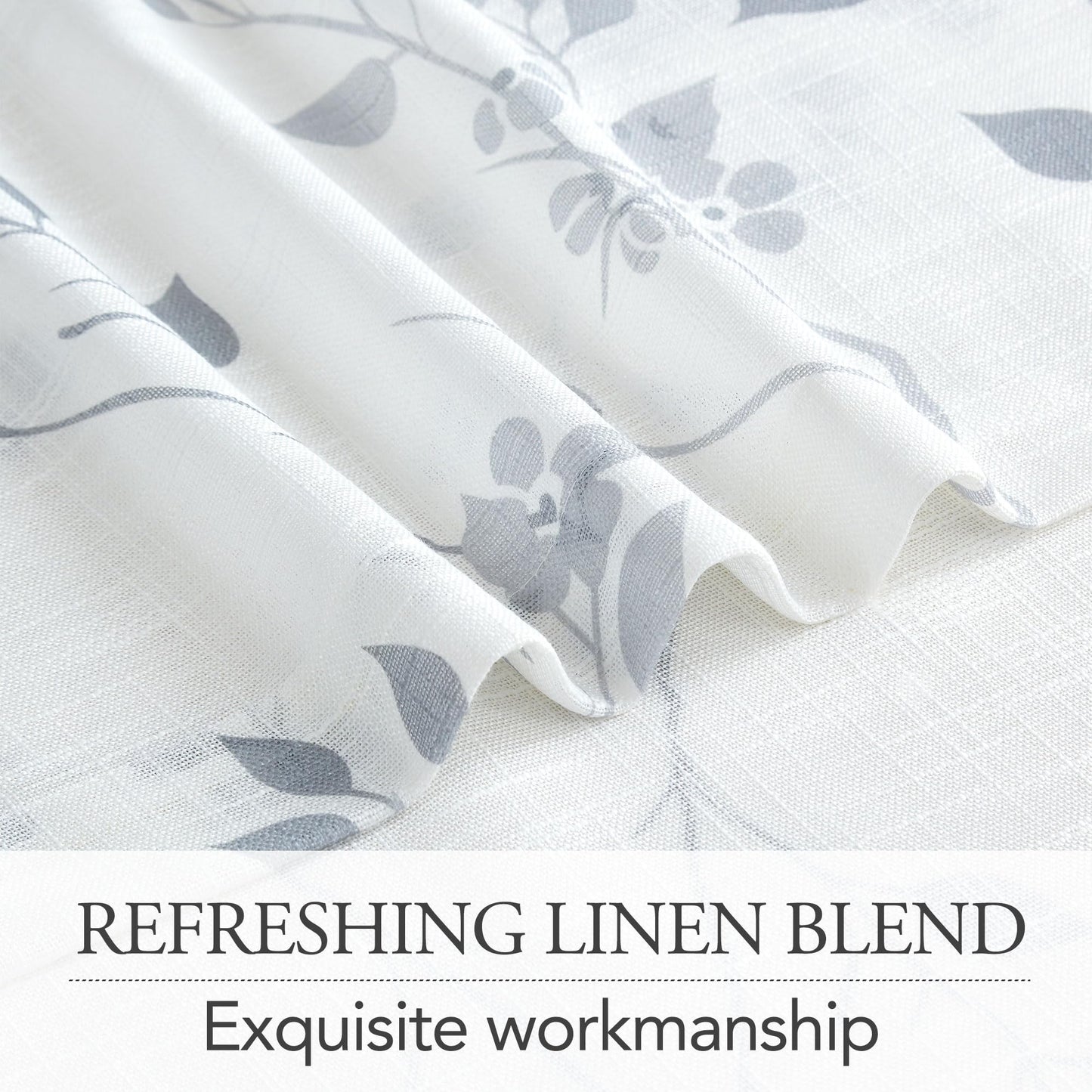 Beauoop Floral Linen Semi Sheer Curtains 54 Inches Long 2 Panels for Living Room Bedroom Grey Farmhouse Flower Patterned Light Filtering Textured Rod Pocket Window Treatments Drapes, 50x54 2 Set