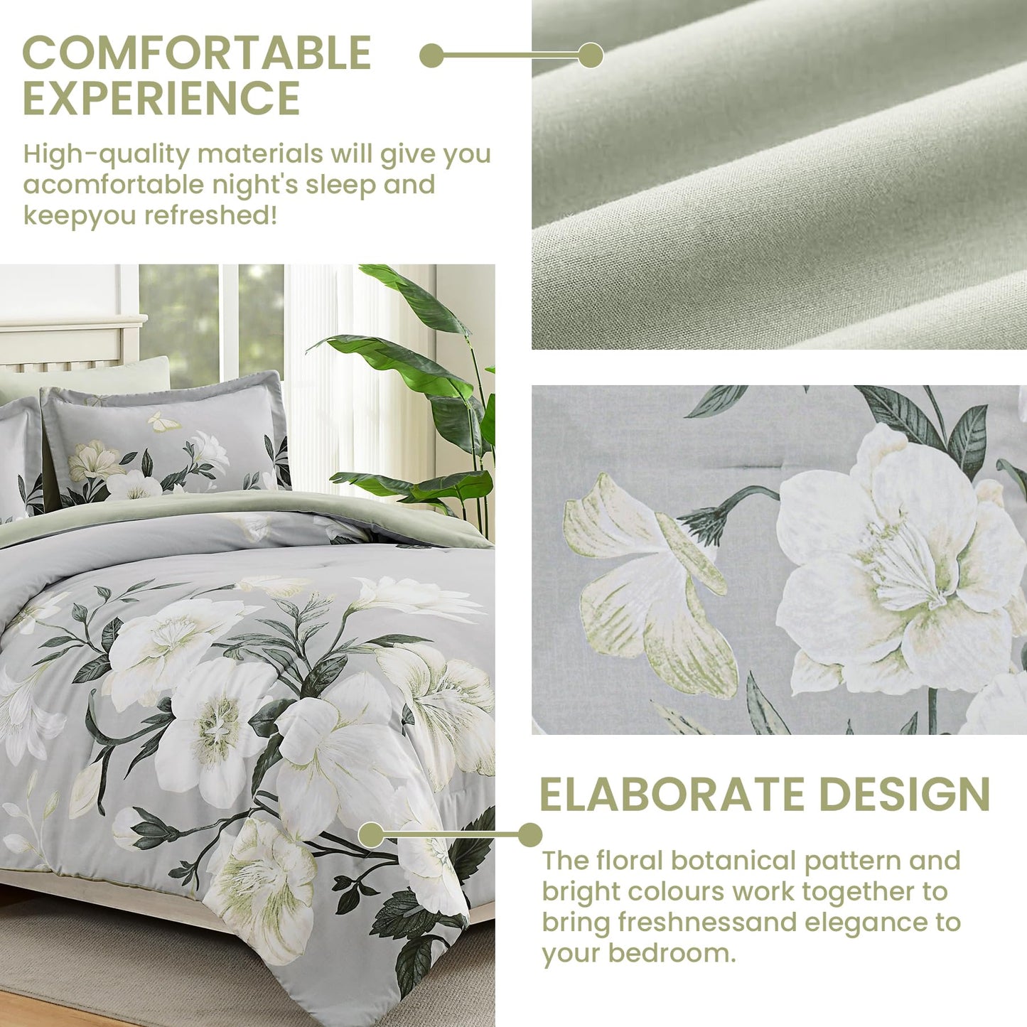DHSFKBE Floral Comforter Set Queen Size,7 Piece Sage Green Bed in a Bag, Elegant Flower Pattern Comforter Set with Sheet, Soft Microfiber Complete Bedding Sets for All Season