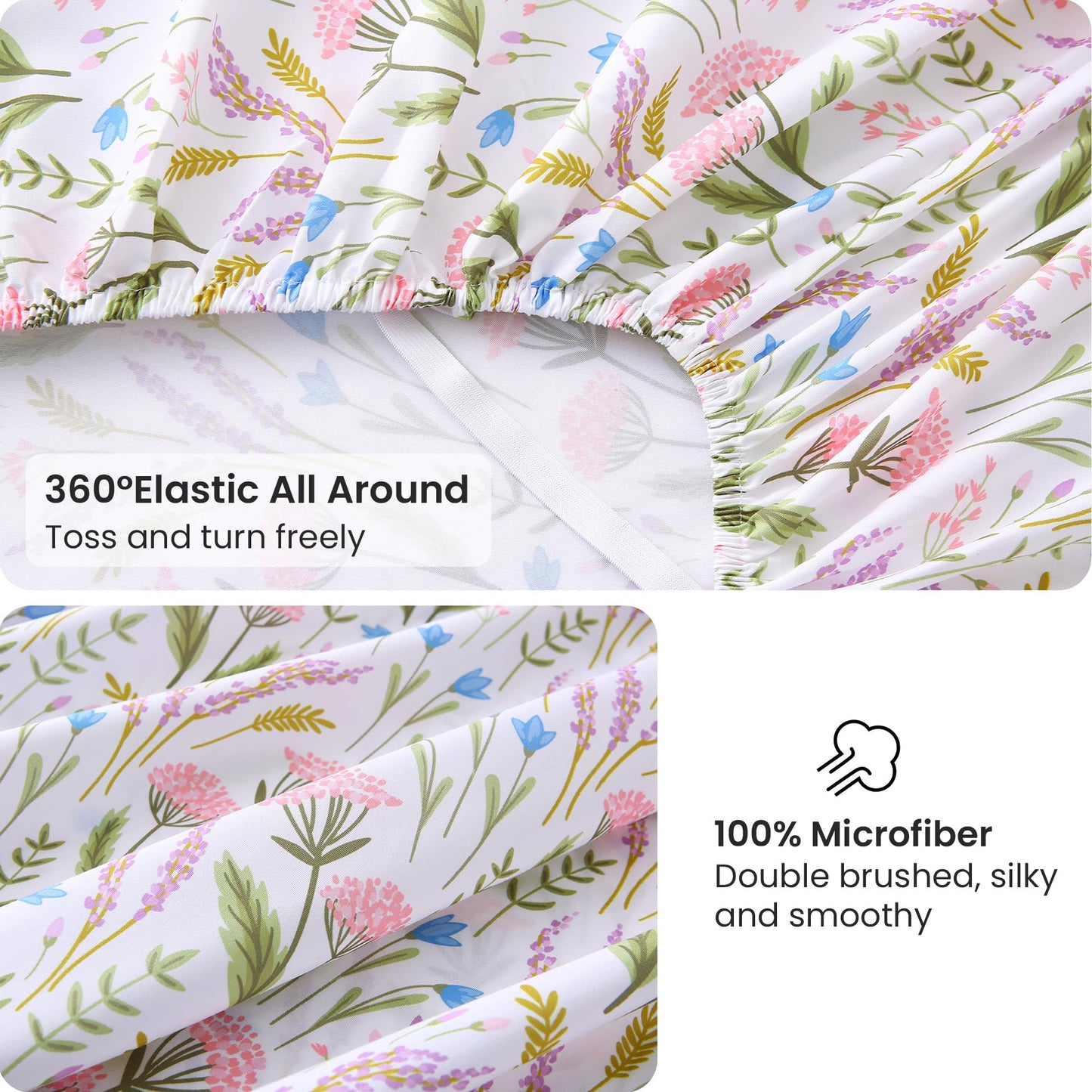 Viviland Floral Full Sheet Set - 4 Piece Lavender & Blue Bell Pink Cluster Botanical Patterned Bed Sheets - Soft, Breathable Microfiber Sheets with Deep Pocket, Non-Slip Fitted Sheets & Pillowcases