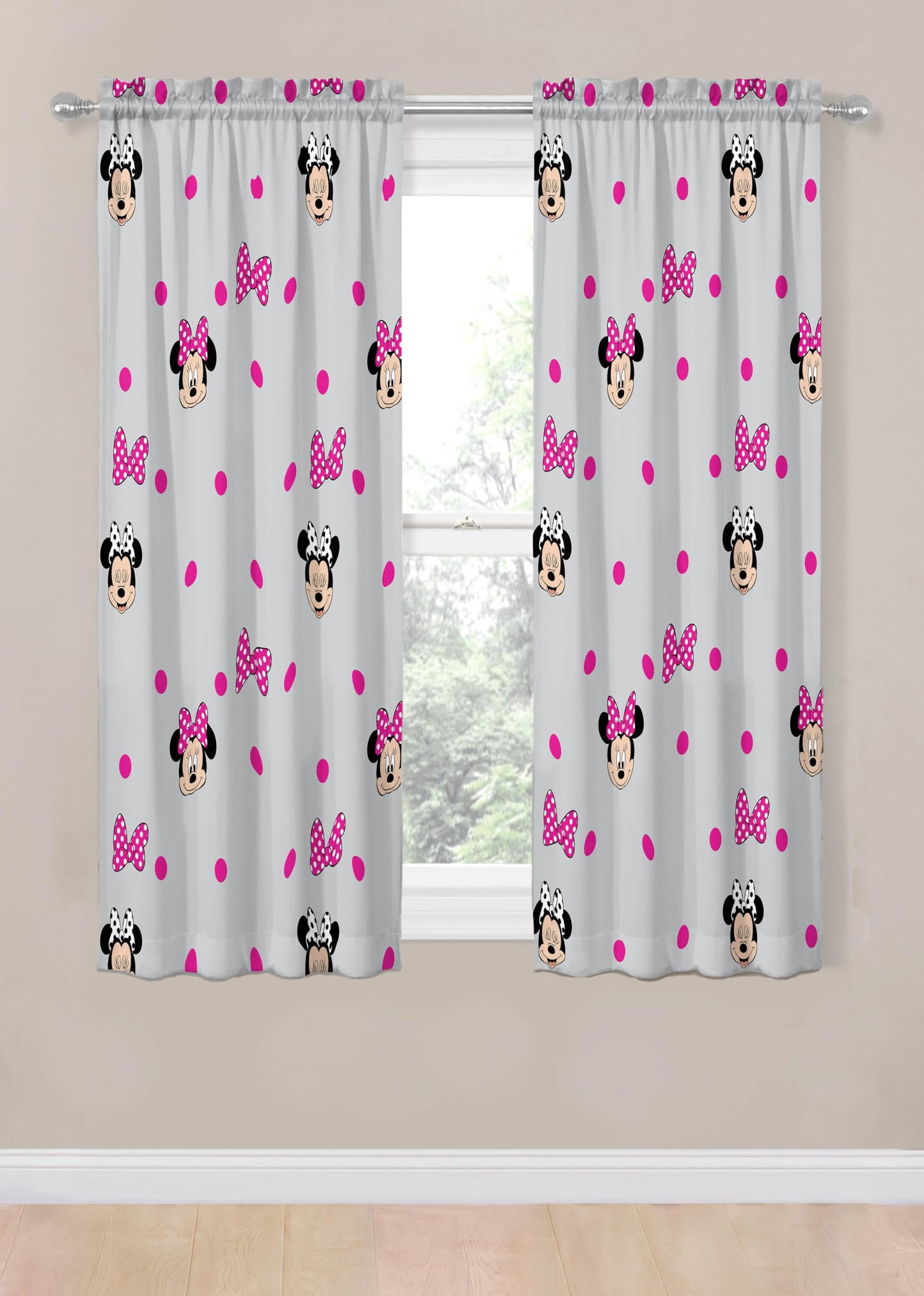Jay Franco Black Out Window Curtains for Kids Bedroom 4-Piece Drape Set with 2 Tiebacks, Grey - Minnie Mouse, 42" W x 63" L (Pack of 2)