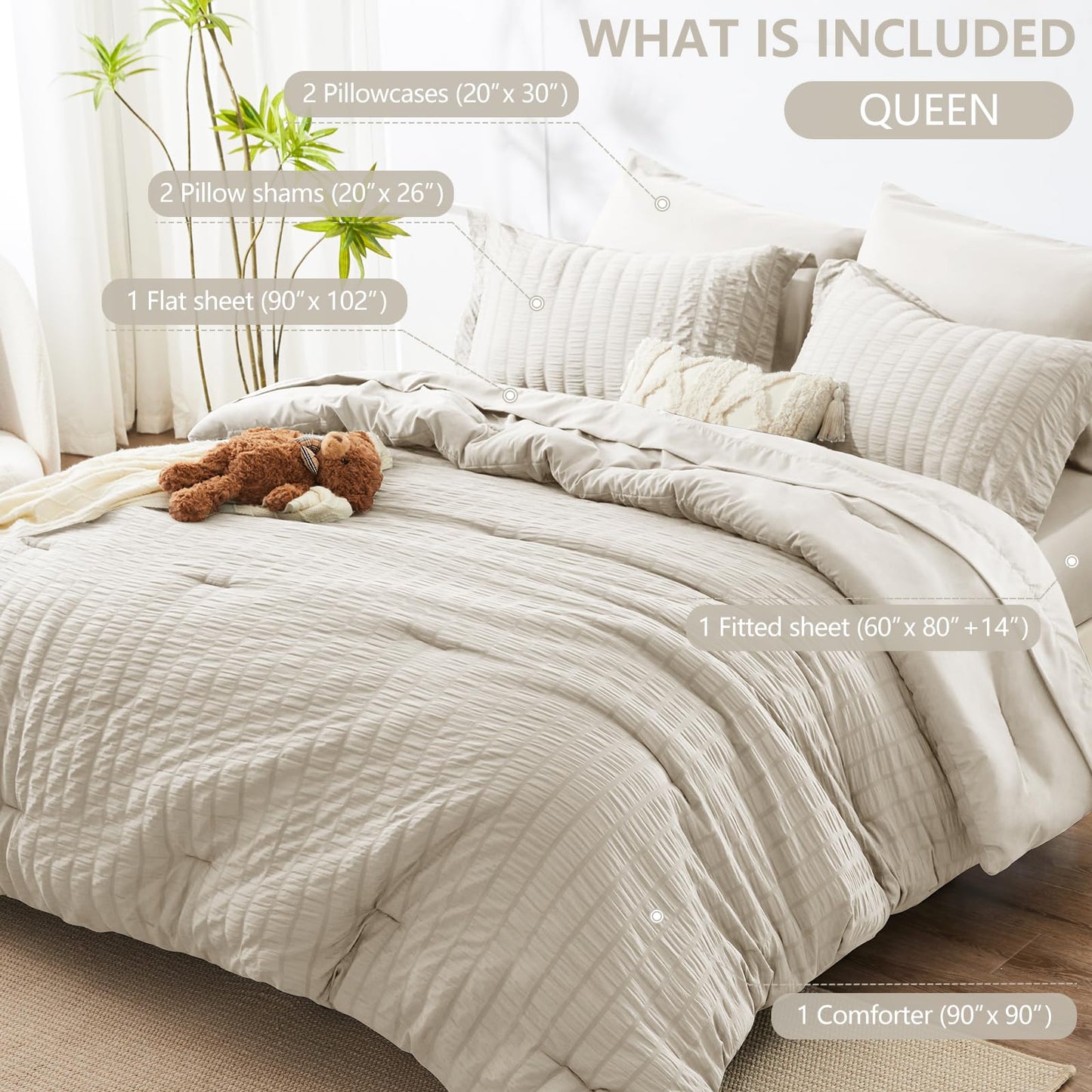 HIMEET Queen Comforter Set - 7 Pieces Seersucker Bed in a Bag, Boho Bedding Sets for Bedroom Decor, All Season Home Essential Bed Set with Comforter, Sheets, Pillowcases & Shams, Beige