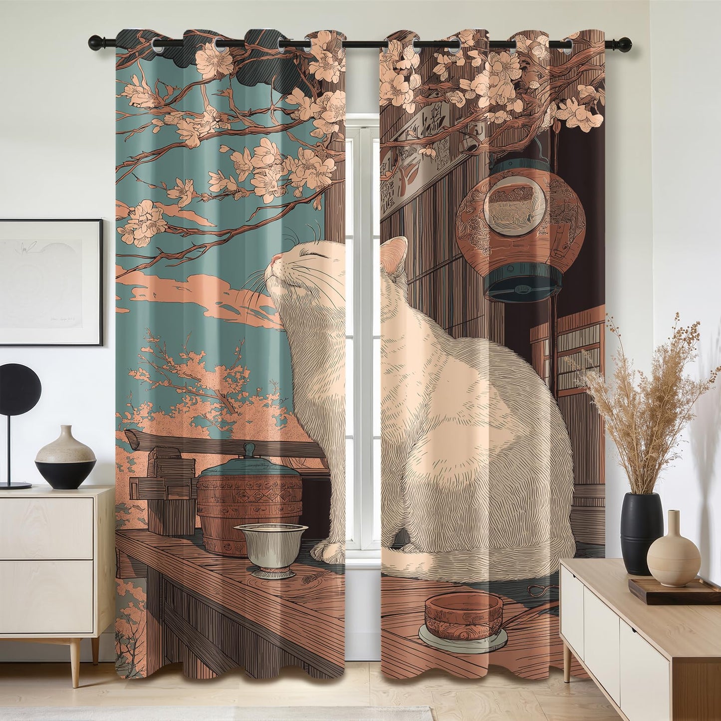 Solvivae Cat Blackout Curtains 63 Inch Length, Japanese Cat Curtains for Bedroom Living Room, Room Darkening Thermal Insulated Grommet Drapes, Patterned Window Treatments