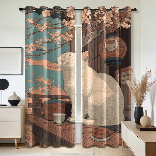 Solvivae Cat Blackout Curtains 63 Inch Length, Japanese Cat Curtains for Bedroom Living Room, Room Darkening Thermal Insulated Grommet Drapes, Patterned Window Treatments