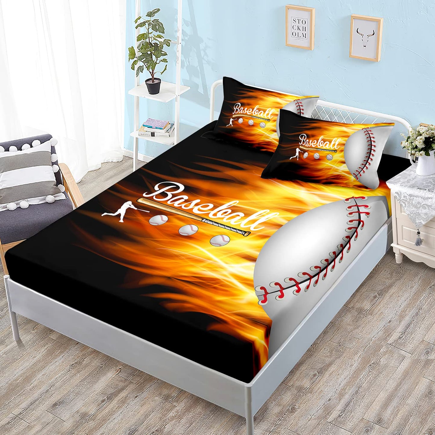 HOSIMA Kids/Teens Sports Baseball Bedding Set,Soft Microfiber Baseball Black Bedroom Fitted Sheet Full Size for Kids Teen Girls Boys Room Decor,1 Fitted Sheet+2 Pillowcases.