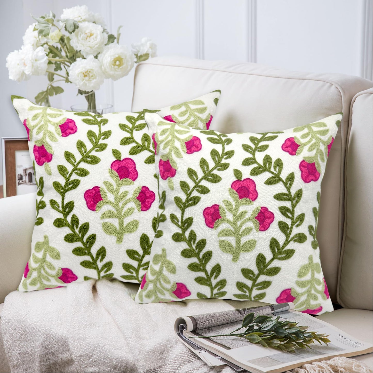 Alysheer Summer Decorative Throw Pillow Covers 18"x 18" Set of 2, Floral Embroidered Farmhouse Hot Pink Flowers Green Vine Patterned Cotton Canvas Cushion Case for Sofa Couch Bed Living Room Decor