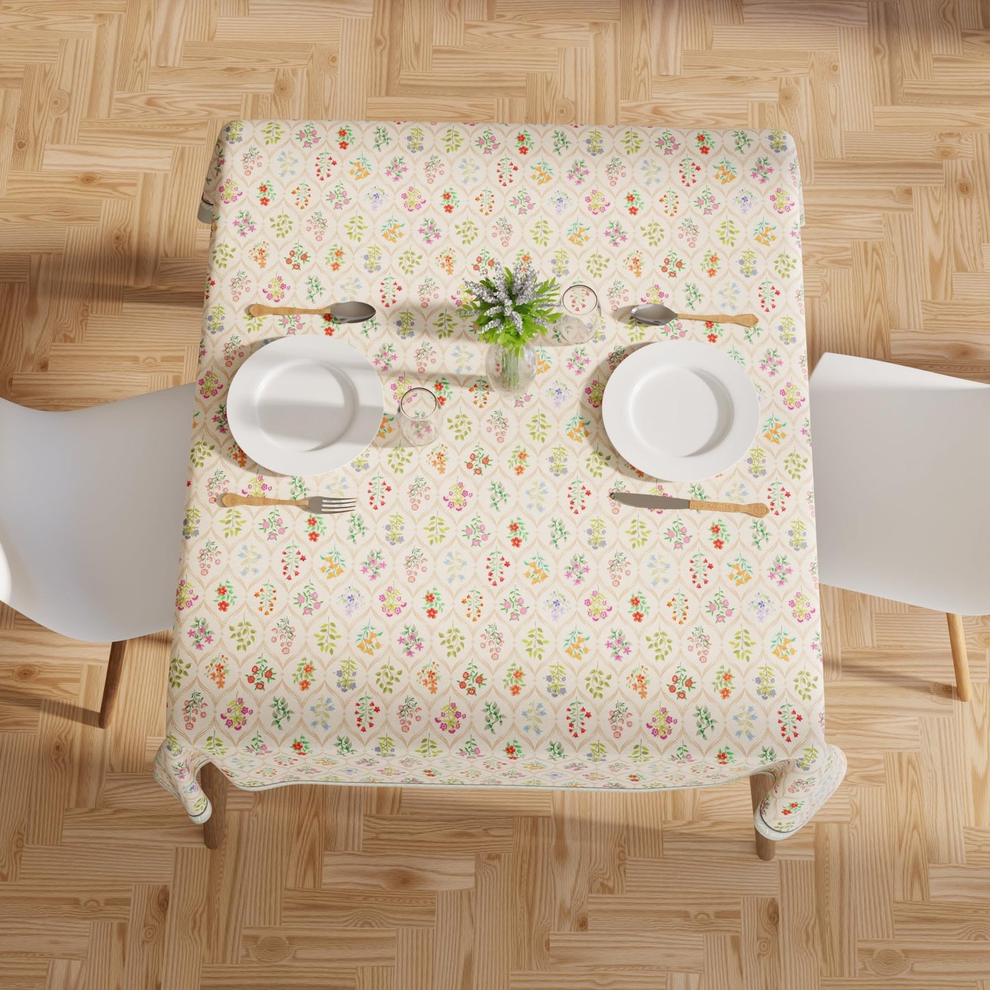 Encasa XO Floral Table Cloth 56"x56" for Square Table Water Repellent Polyester Indoor Outdoor Tablecloth Machine Washable Spring Summer Table Cover Farmhouse Style for Dining French Beige