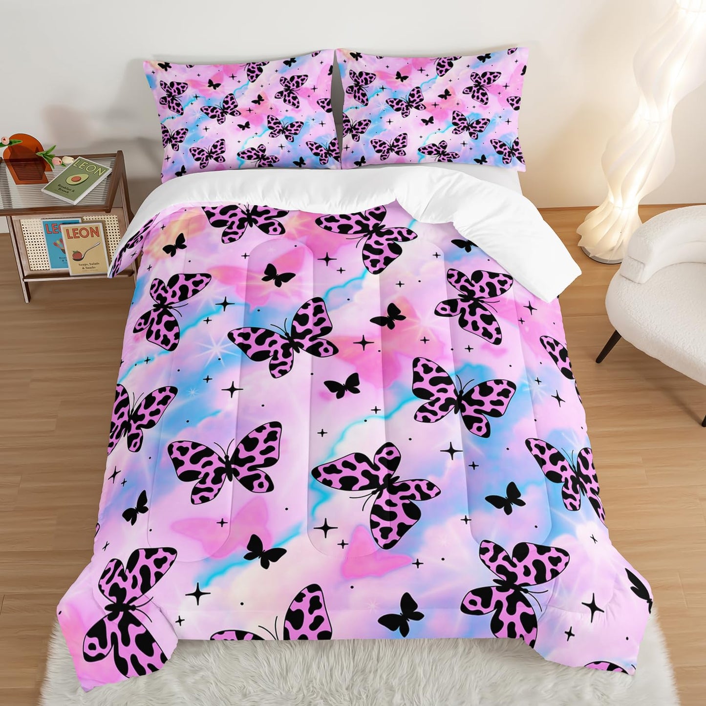 UEVBF Beautiful Butterfly Comforter Set Queen Size,Spotted Butterfly Printed Bedding Set for Kids Girls Women Room Decor,Rainbow Aesthetic Toddler Bedding Sets for Girls with 2 Pillowcases.