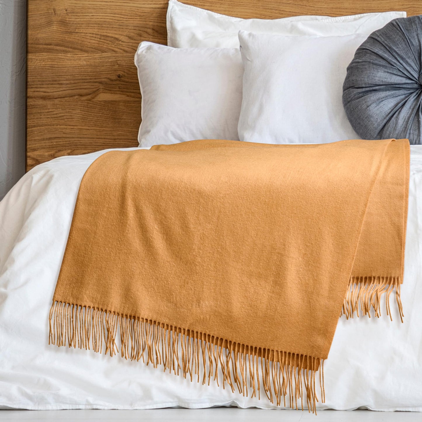 Velanio Cashmere 100% Cashmere Throw Blanket with Fringe 60 x 54 Inch Super Soft Warm for Home, Travel Sofa Bed (Camel)