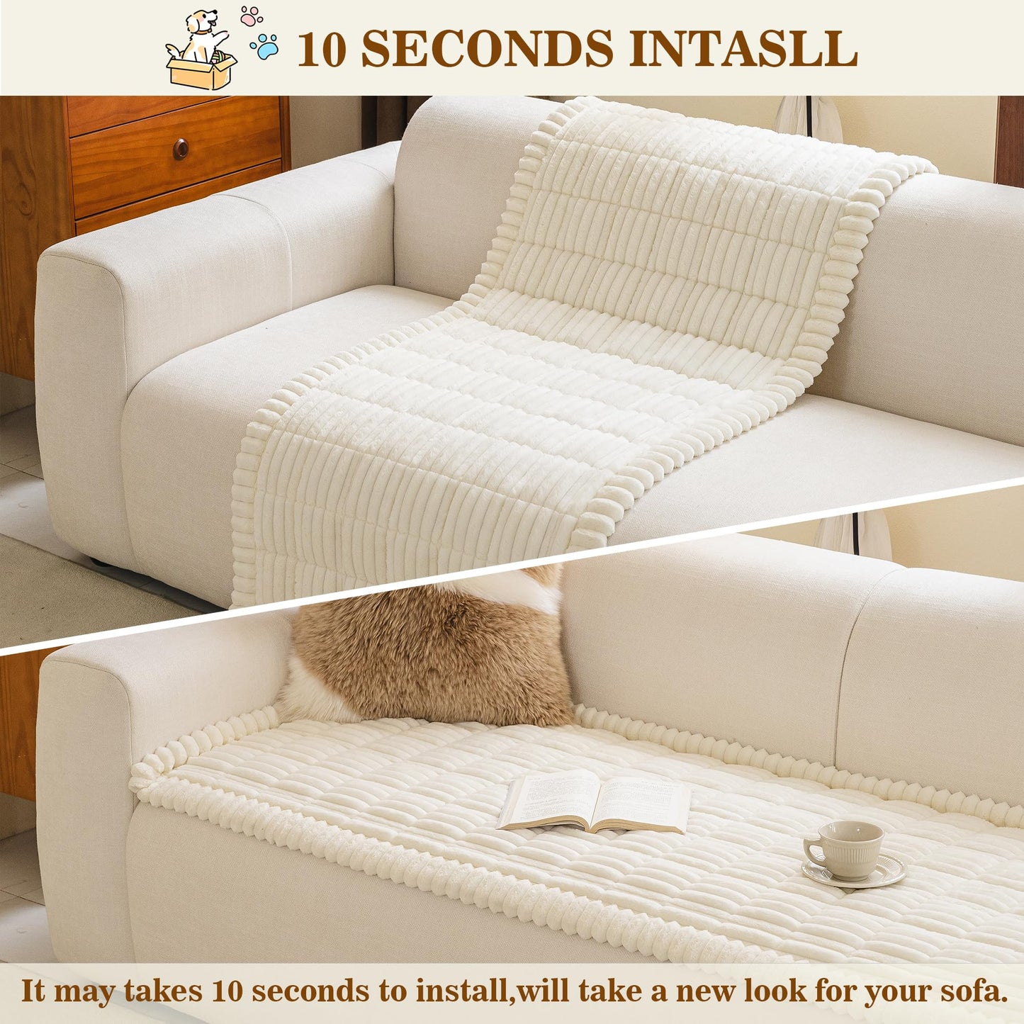 MYSKY HOME Couch Covers for Sofa, L Shaped Couch Cover, Couch Cover for Dogs, Sofa Covers for Pets Washable, Non Slip Sofa Slipcovers, Leather Sofa Cover Sectional Couch Covers, Cream, 27.6" x 70.9"