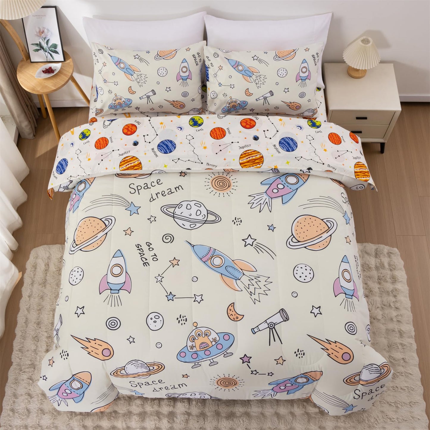 Aimuan Space Comforter Twin Set Kids Rocket Bedding Set Super Soft & Cute Aliens UFO Printed for Boys Girls Teen (Cream, Full 5Pcs)